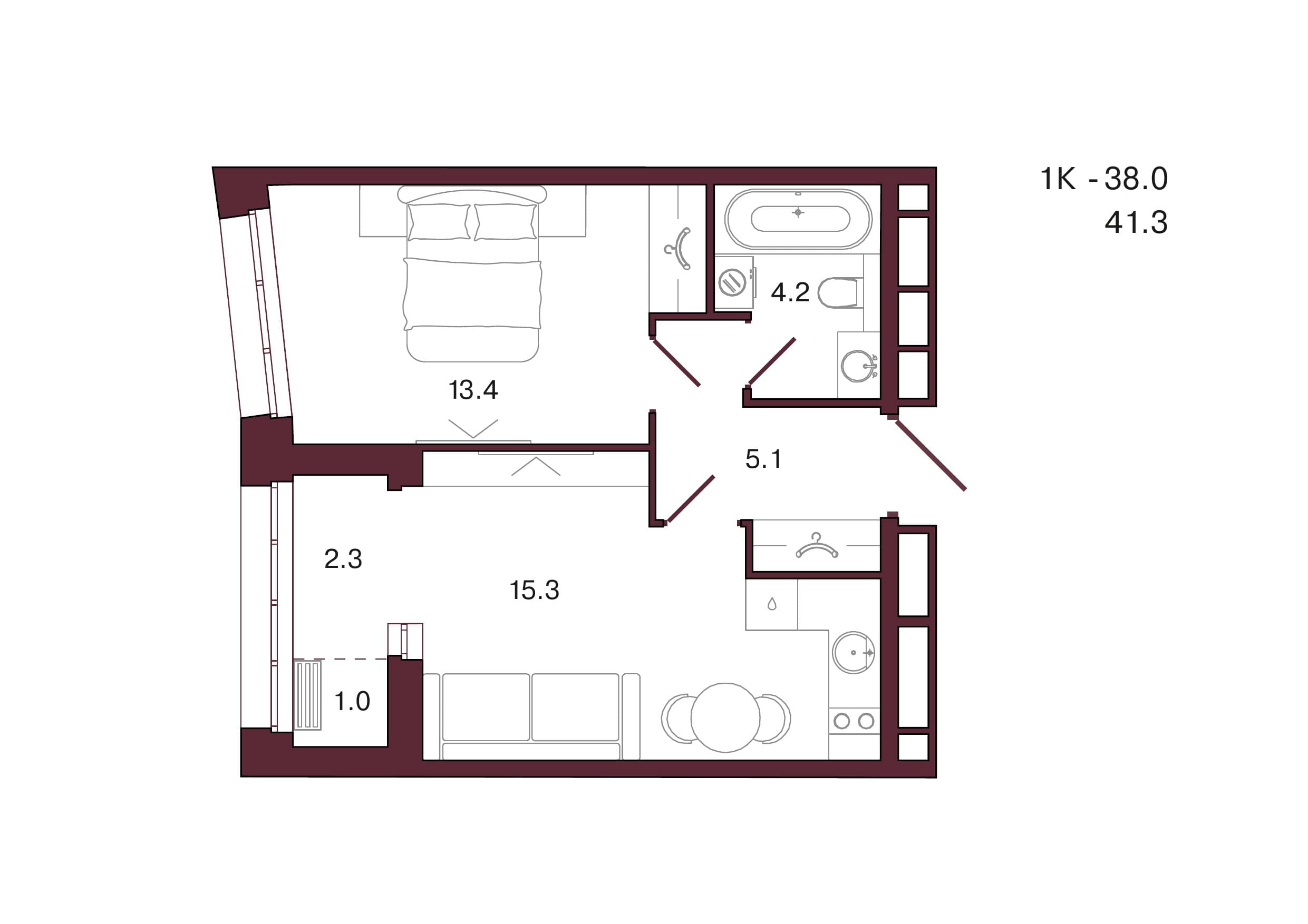 Планировка: 1-комн., 41.3 м²