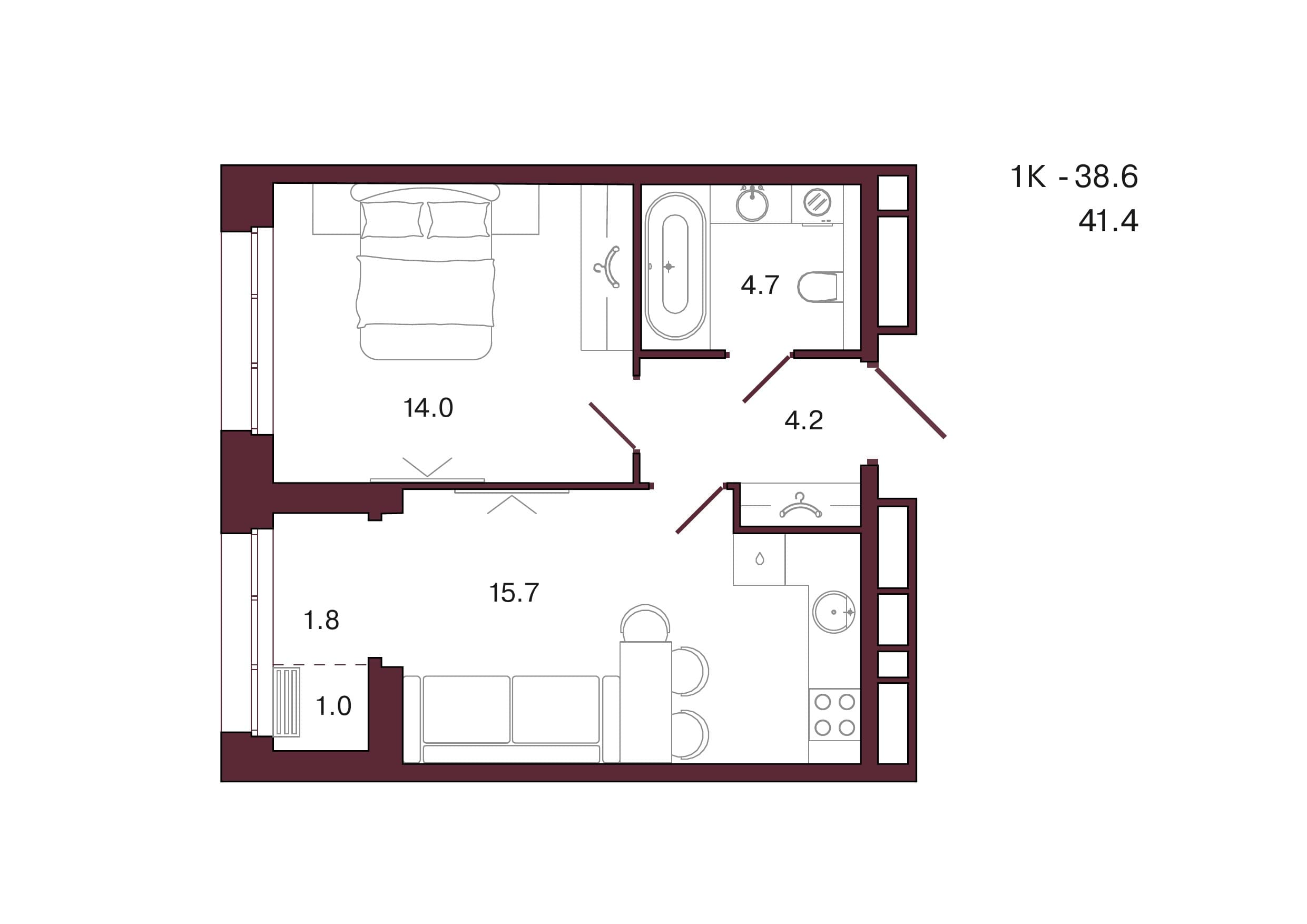Планировка: 1-комн., 41.4 м²