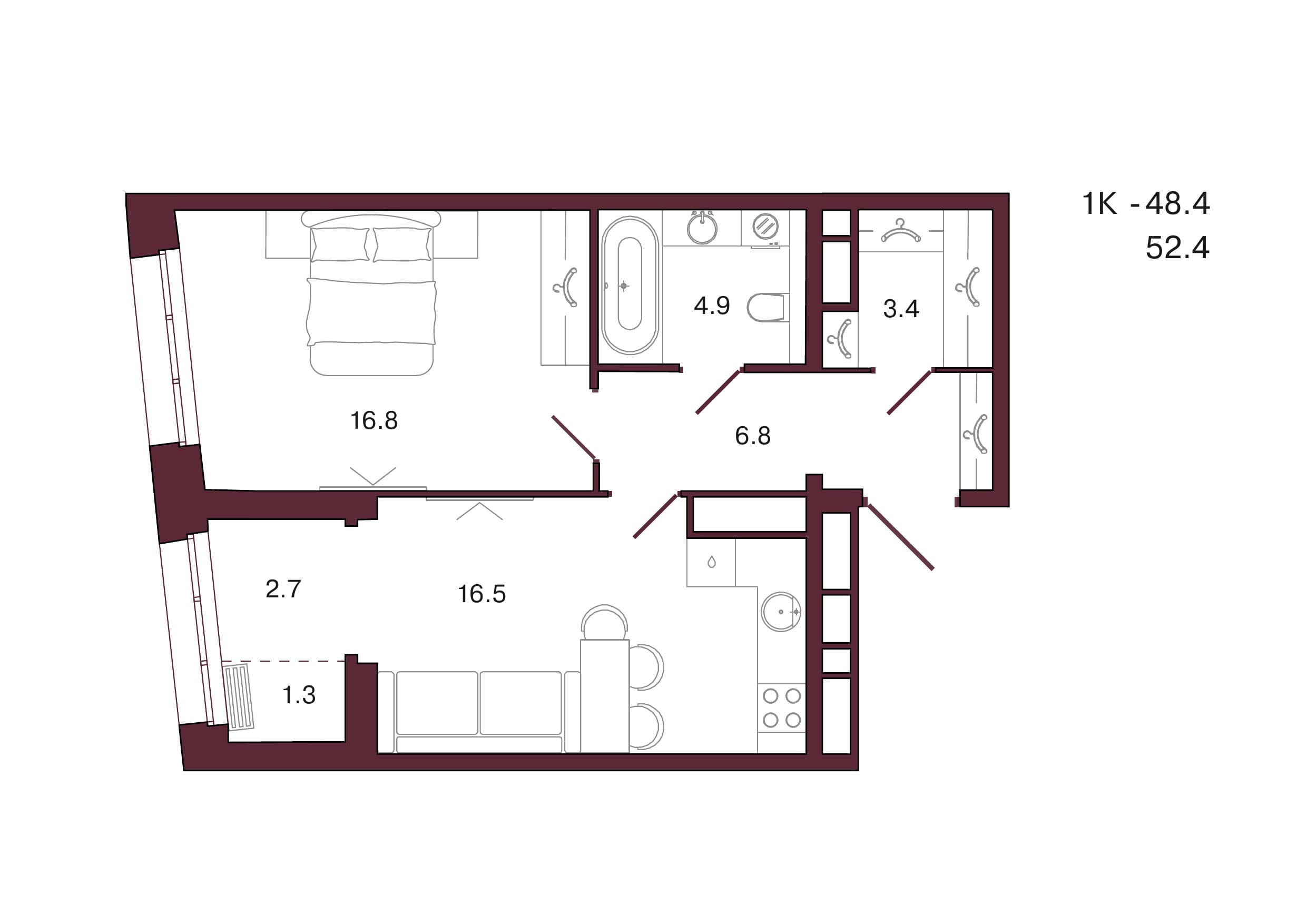 Планировка: 1-комн., 52.4 м²