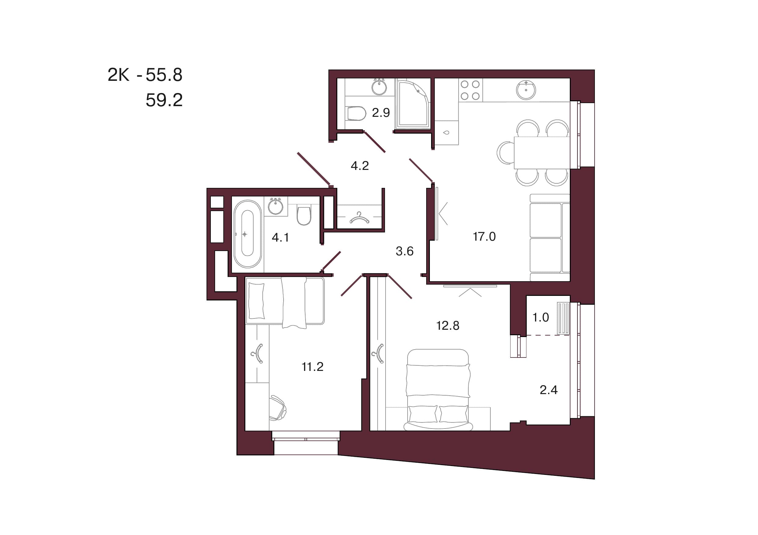 Планировка: 2-комн., 59.2 м²