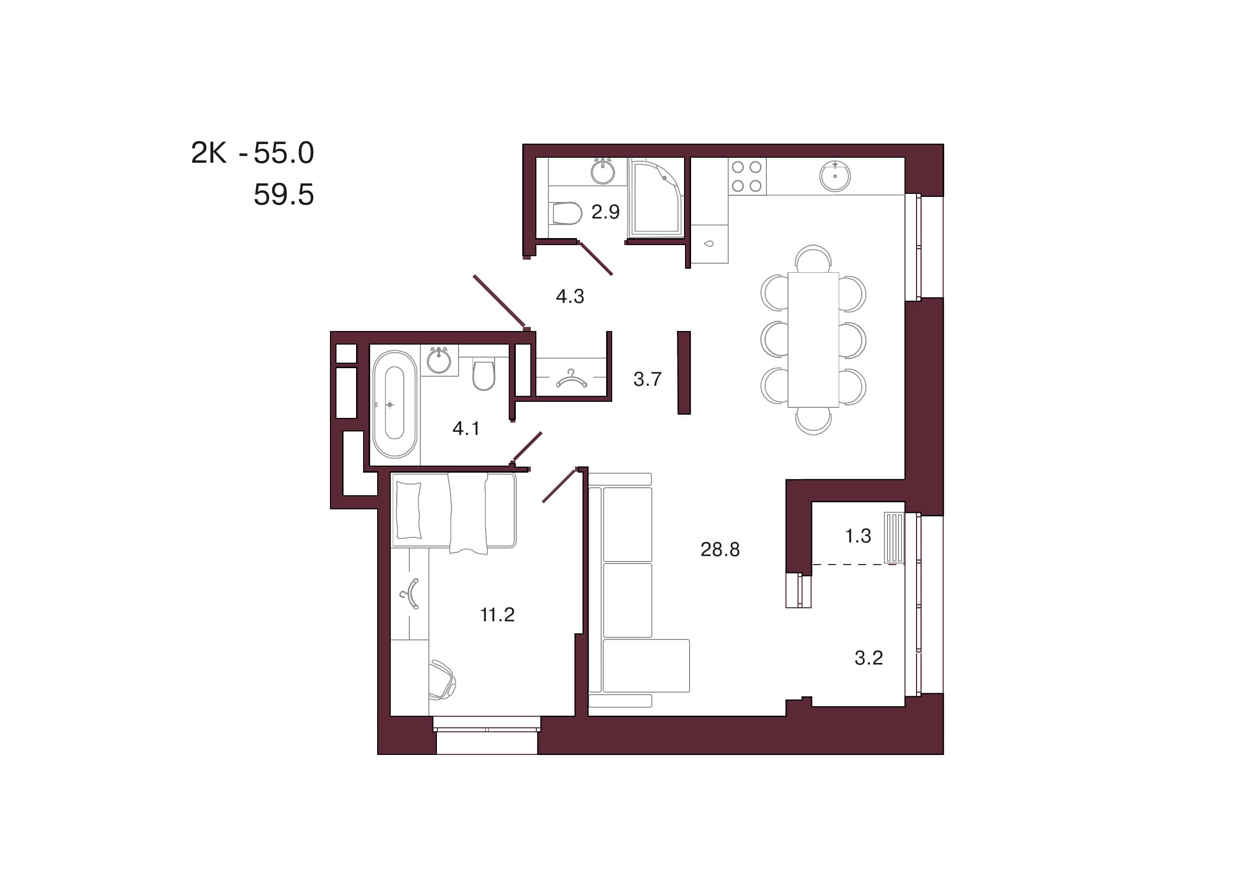 Планировка: 1-комн., 59.5 м²