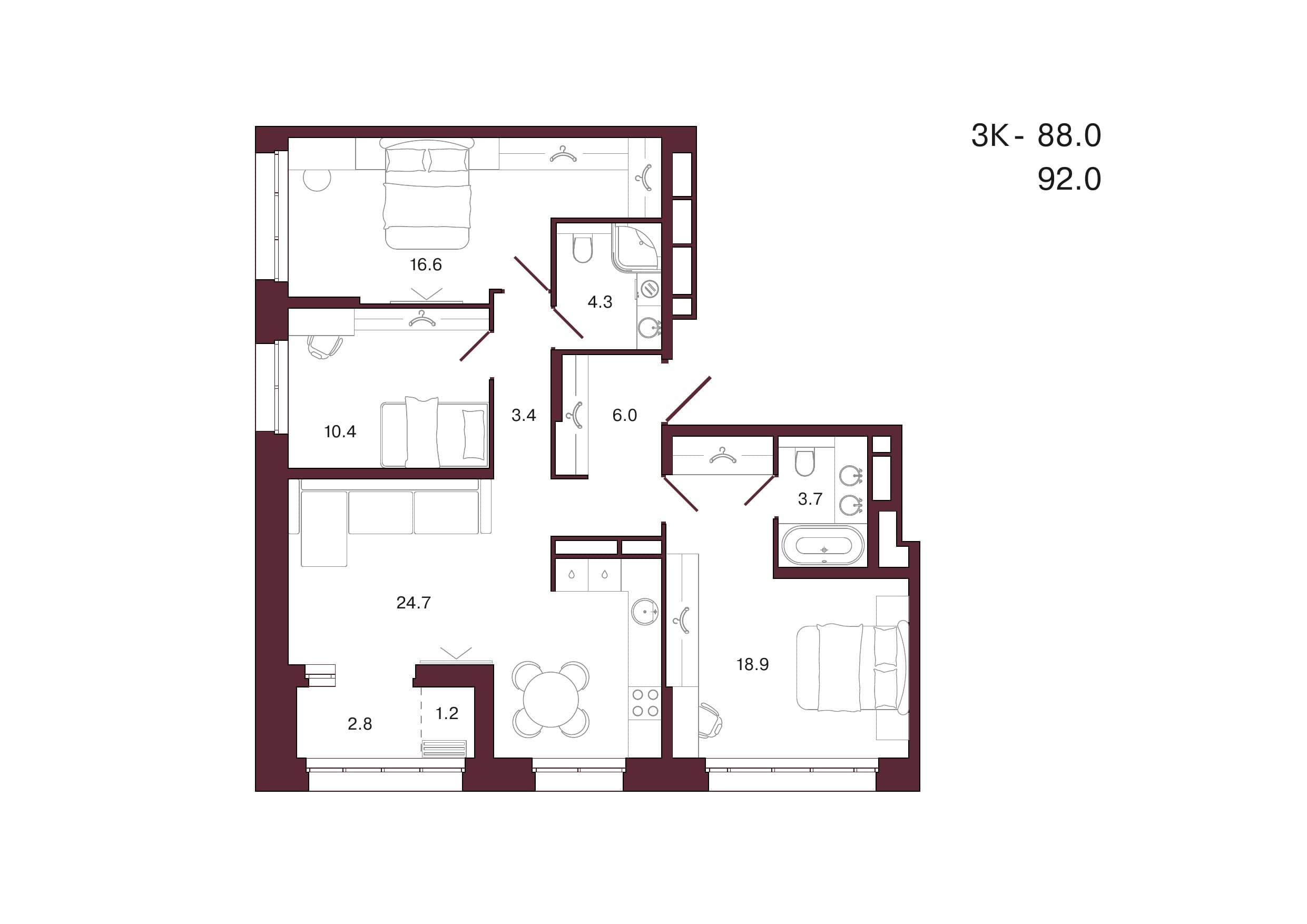 Планировка: 3-комн., 92 м²