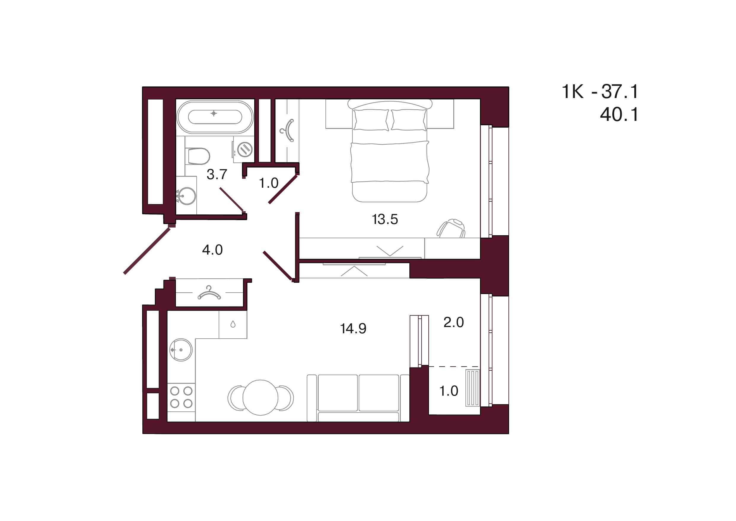 Планировка: 1-комн., 40.1 м²