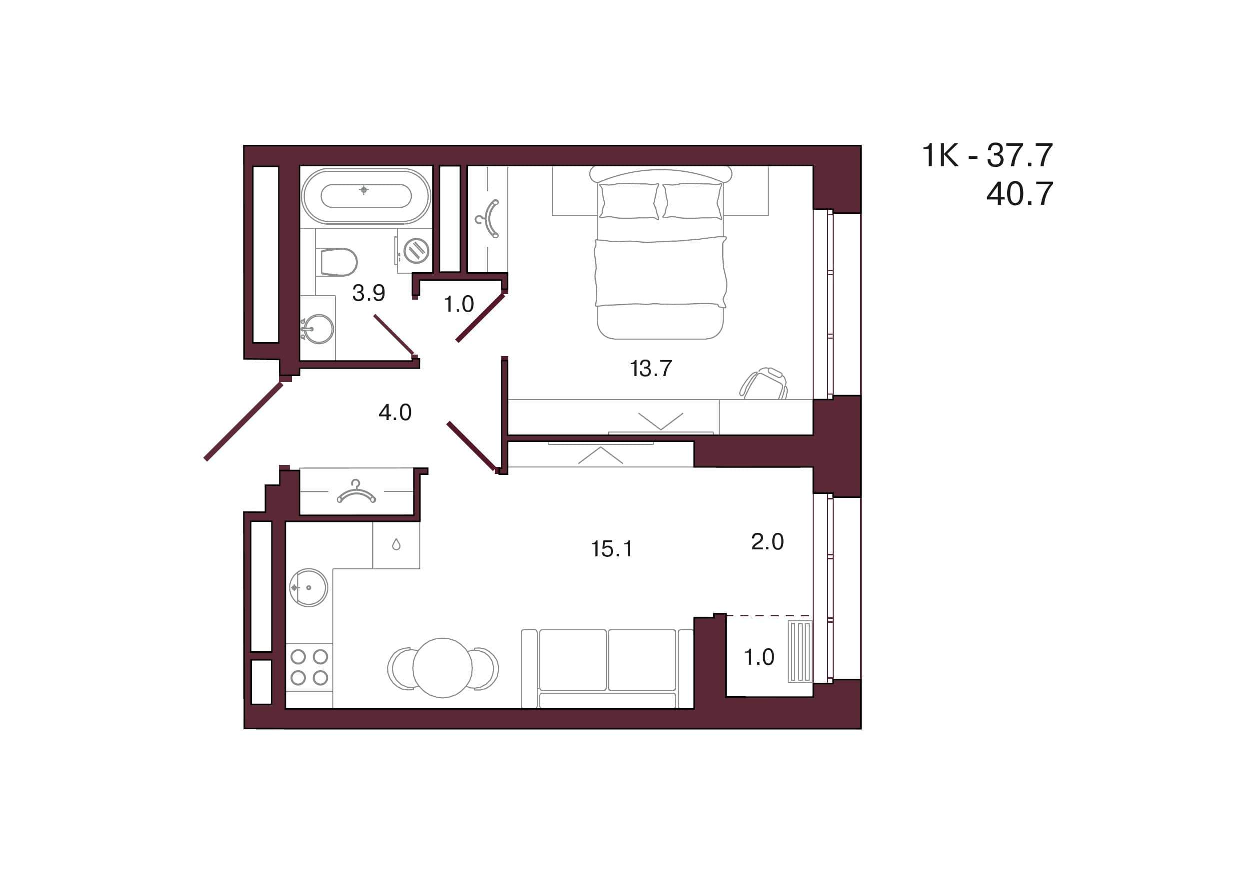 Планировка: 1-комн., 40.7 м²
