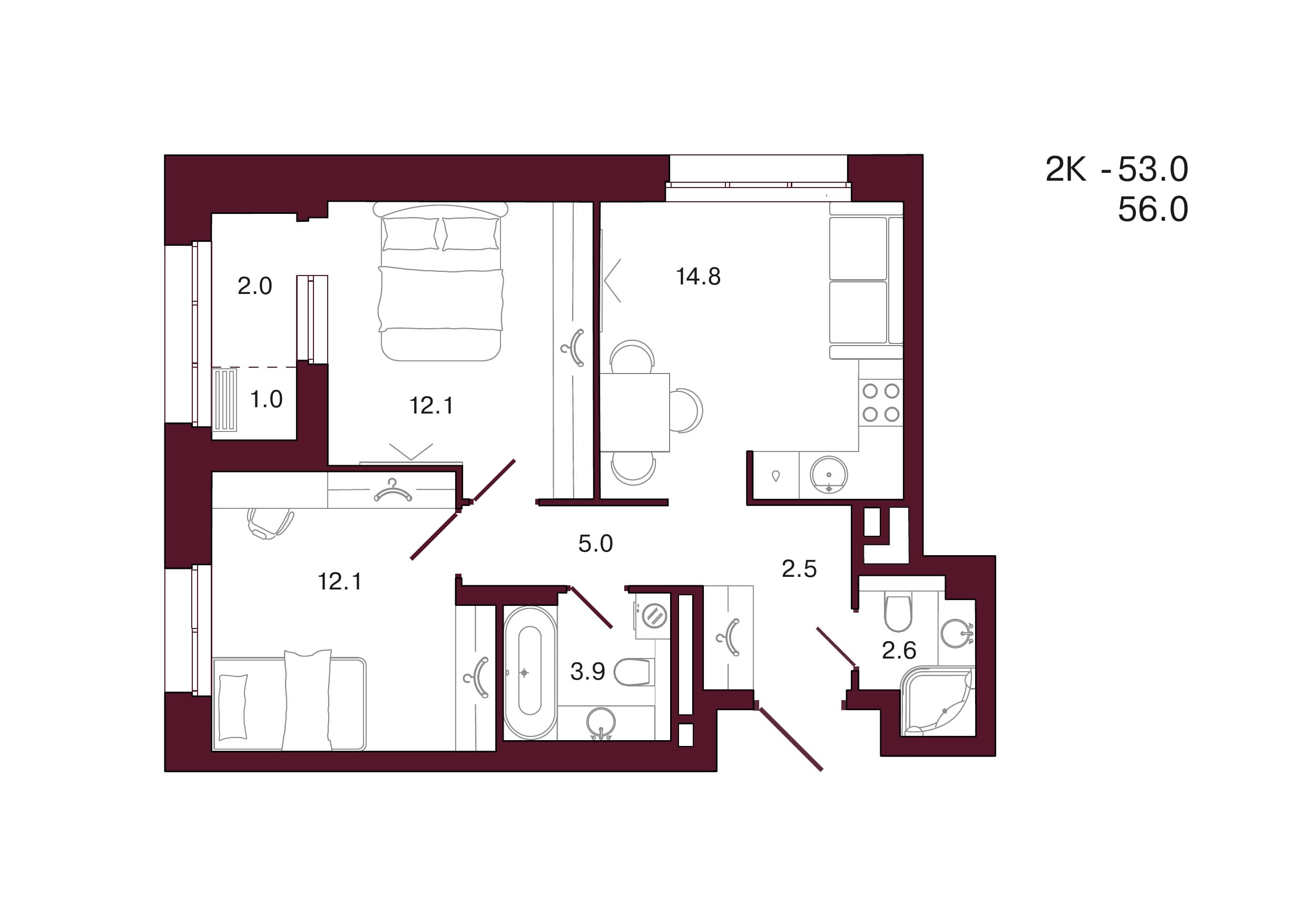 Планировка: 2-комн., 56 м²