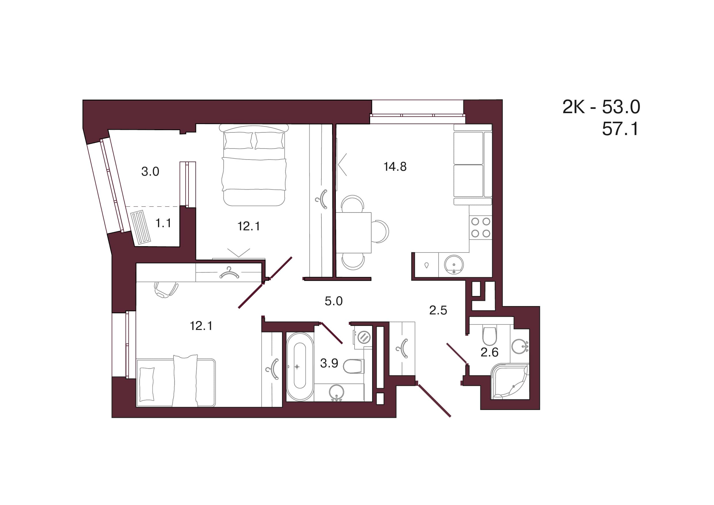 Планировка: 2-комн., 57.1 м²