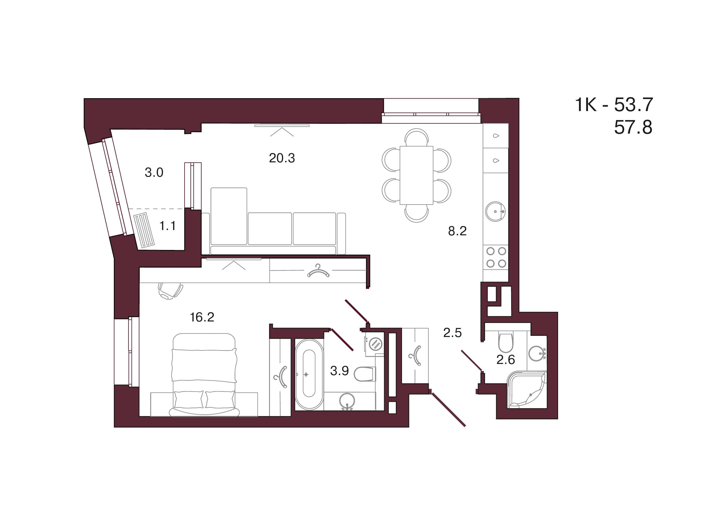 Планировка: 1-комн., 57.8 м²