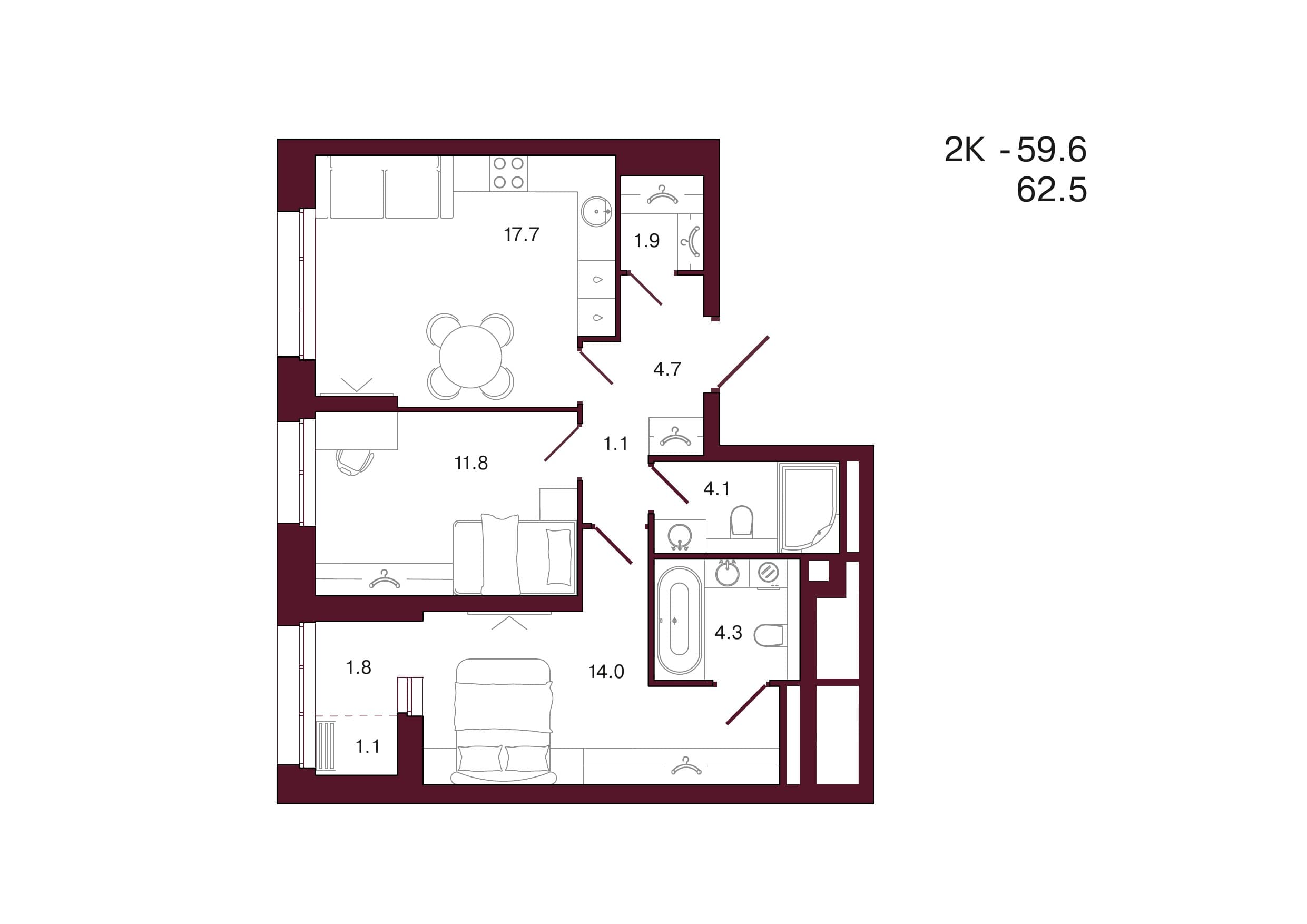 Планировка: 2-комн., 62.5 м²