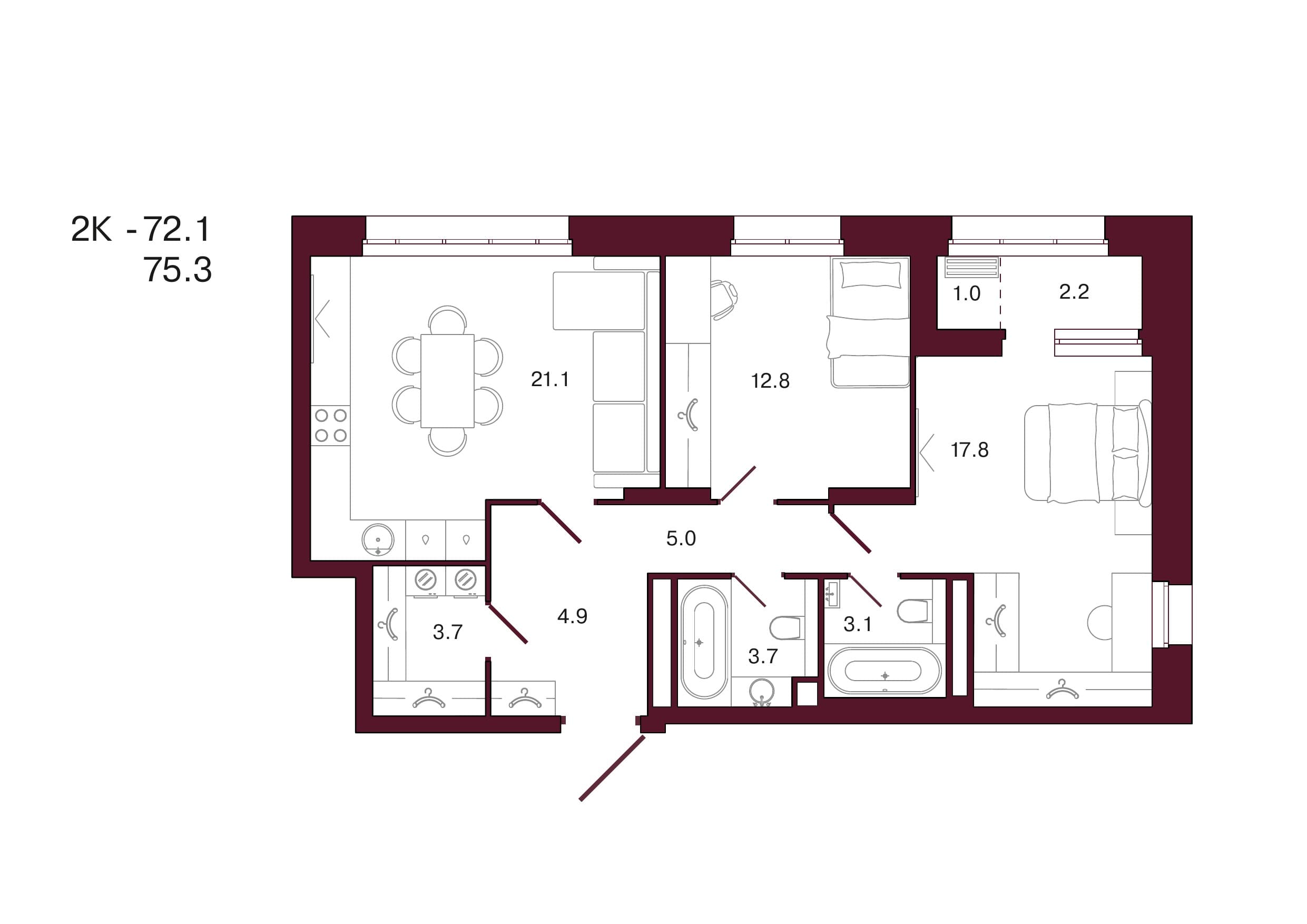 Планировка: 2-комн., 75.3 м²