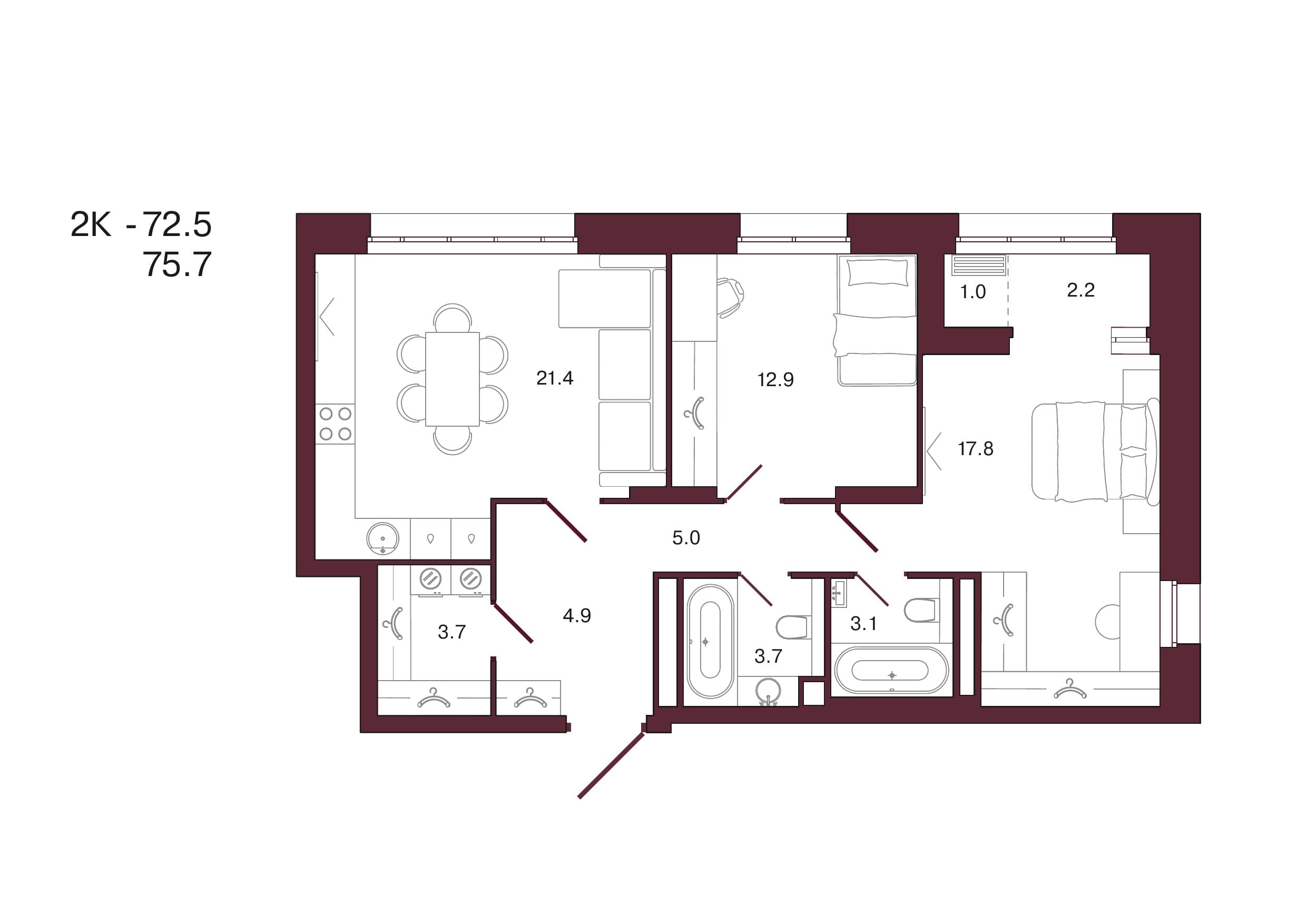 Планировка: 2-комн., 75.7 м²