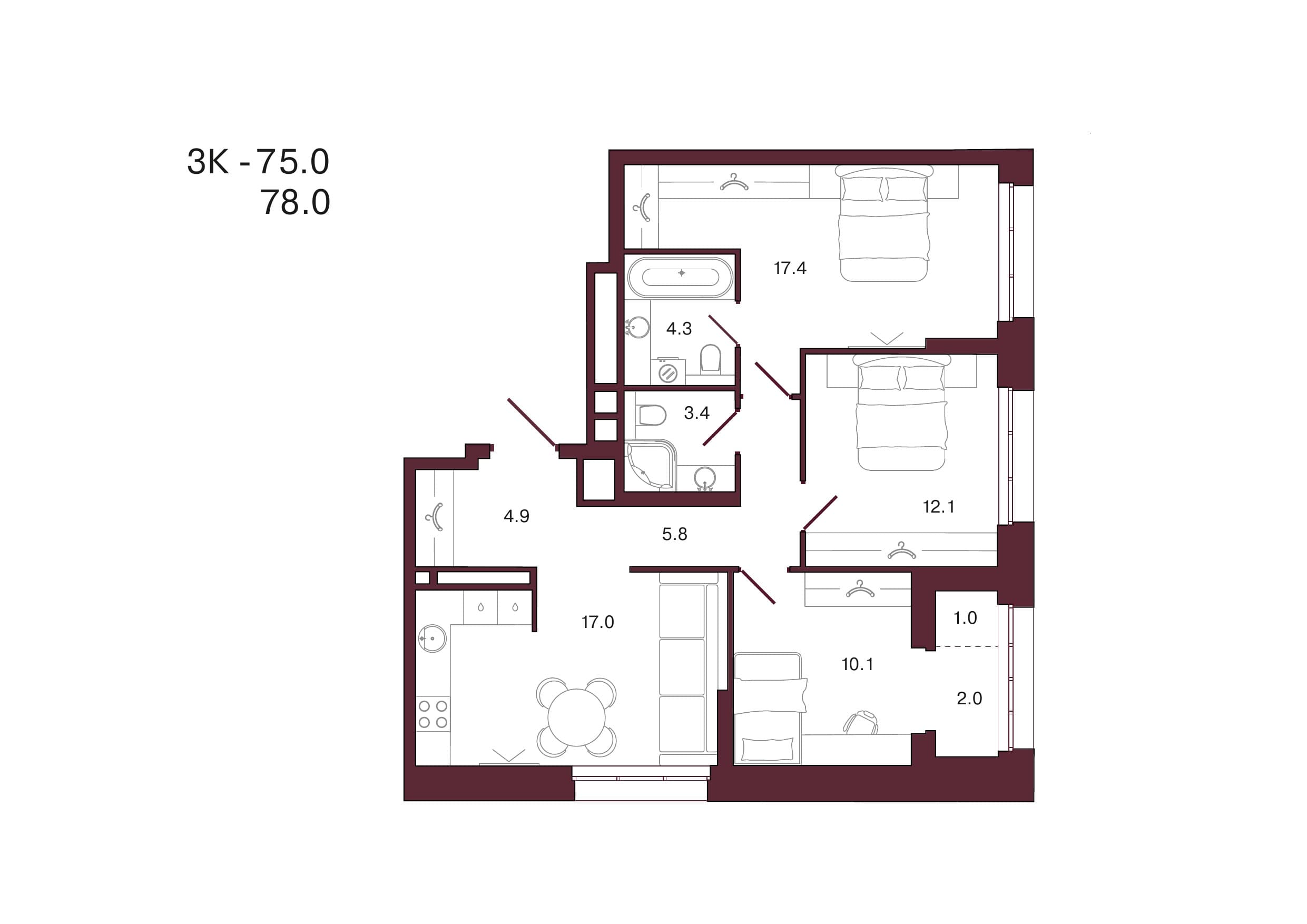Планировка: 3-комн., 78 м²