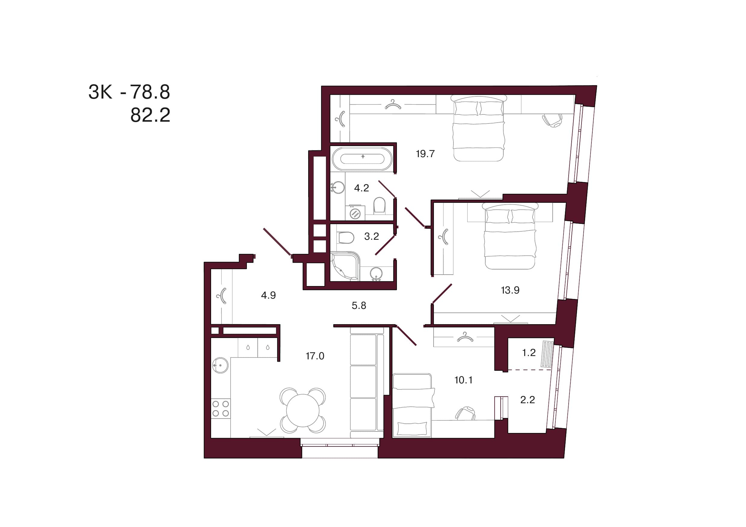 Планировка: 3-комн., 82.2 м²