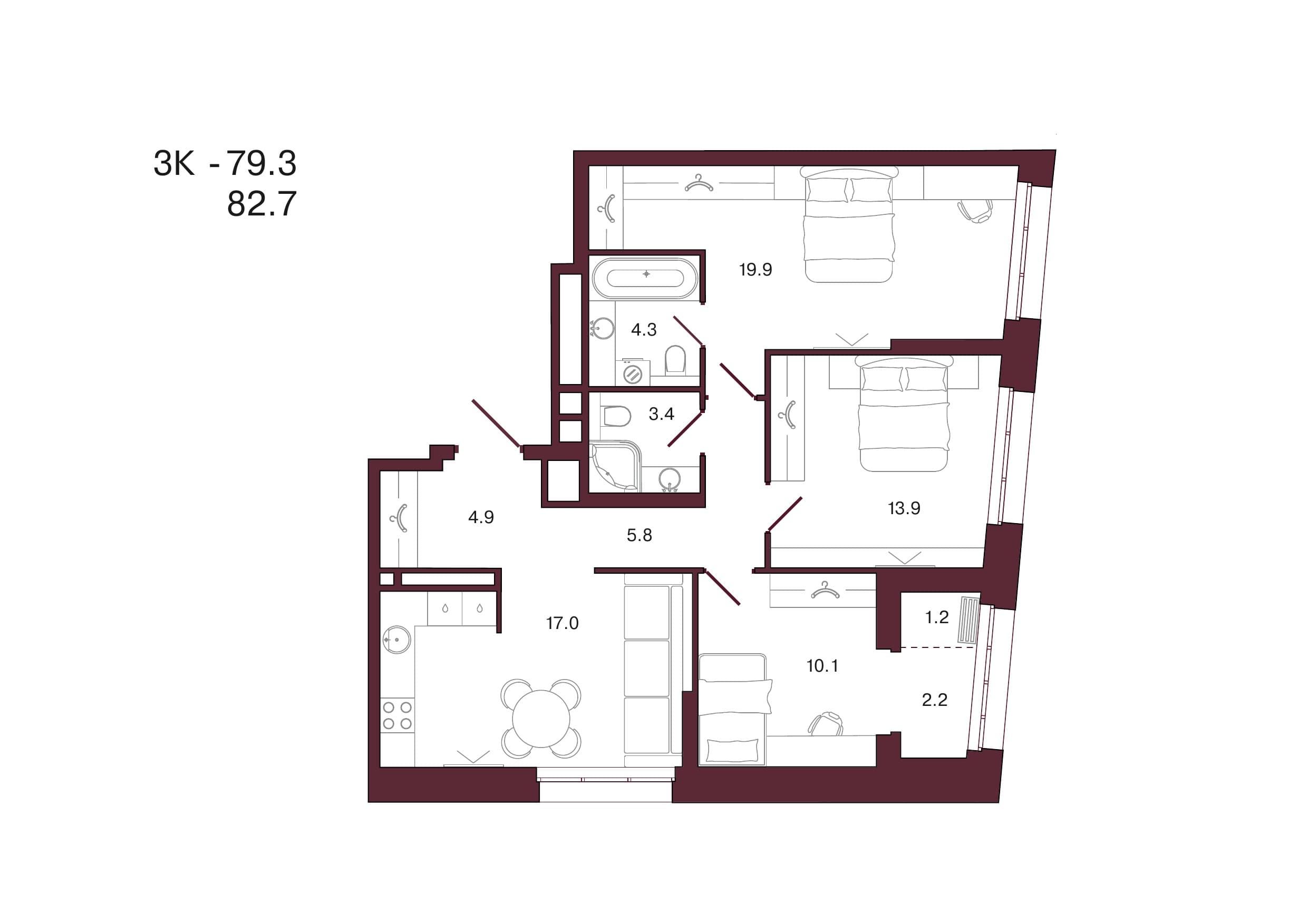 Планировка: 3-комн., 82.7 м²