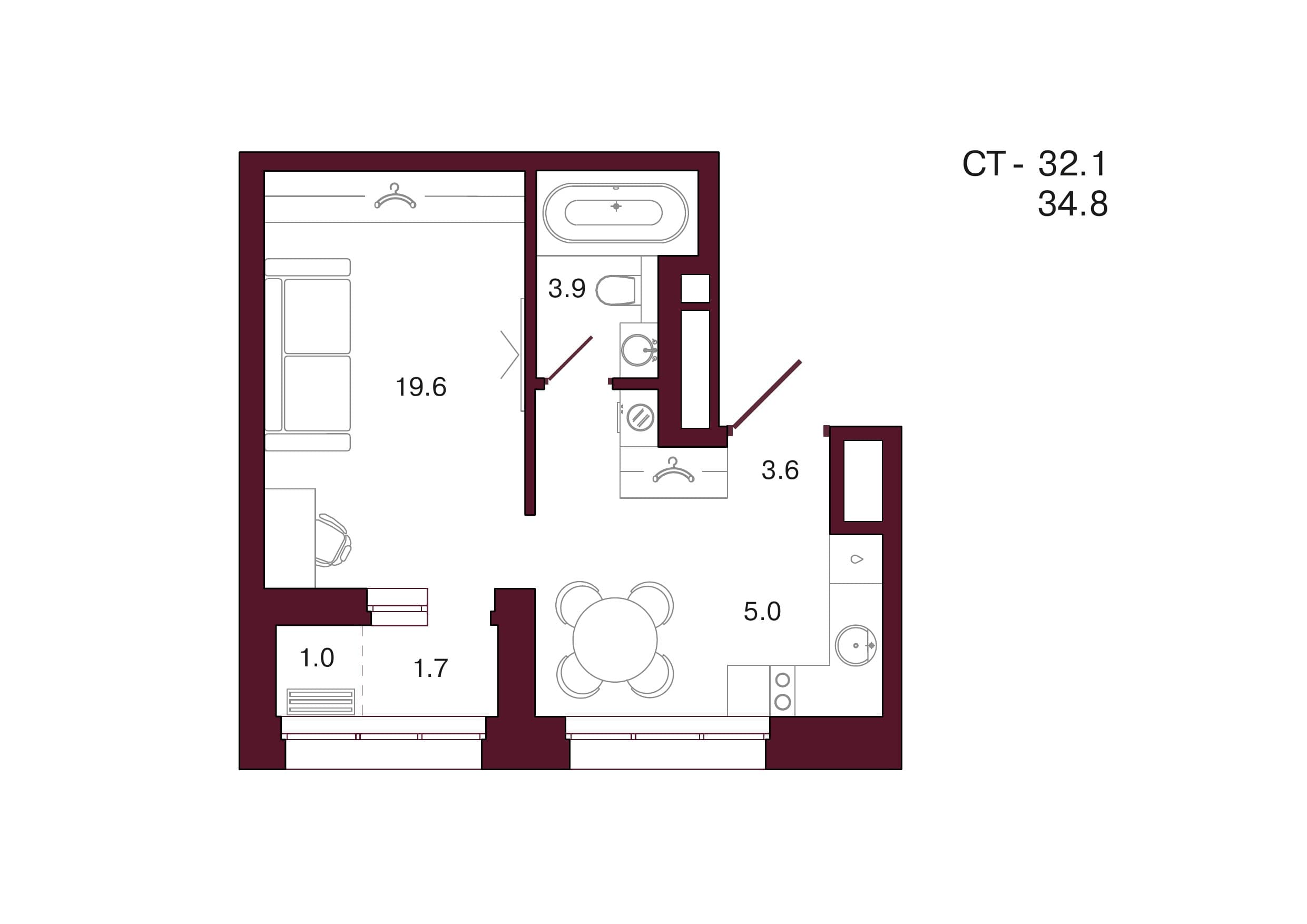 Планировка: 1-комн., 34.8 м²
