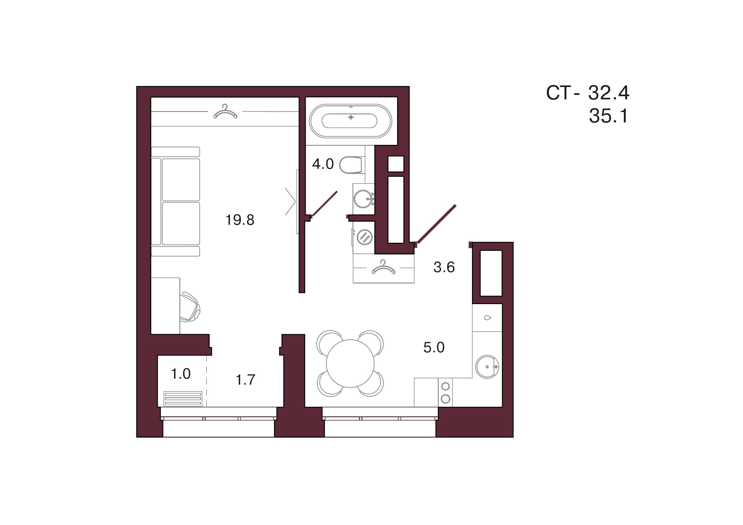 Планировка: 1-комн., 35.1 м²