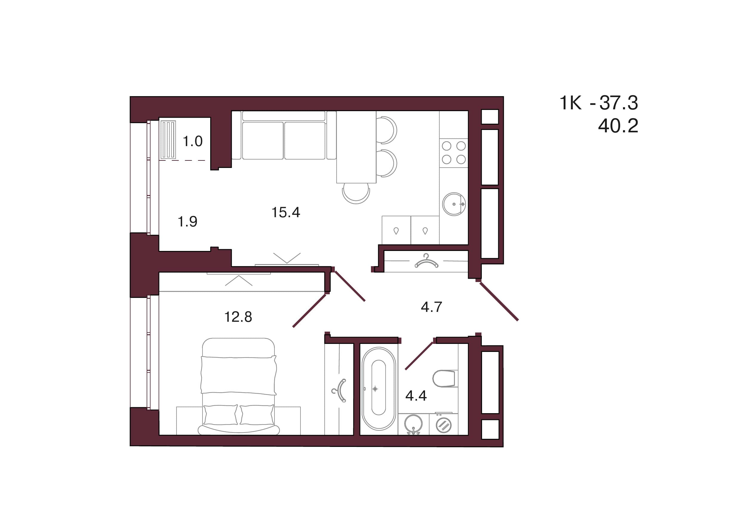 Планировка: 1-комн., 40.2 м²