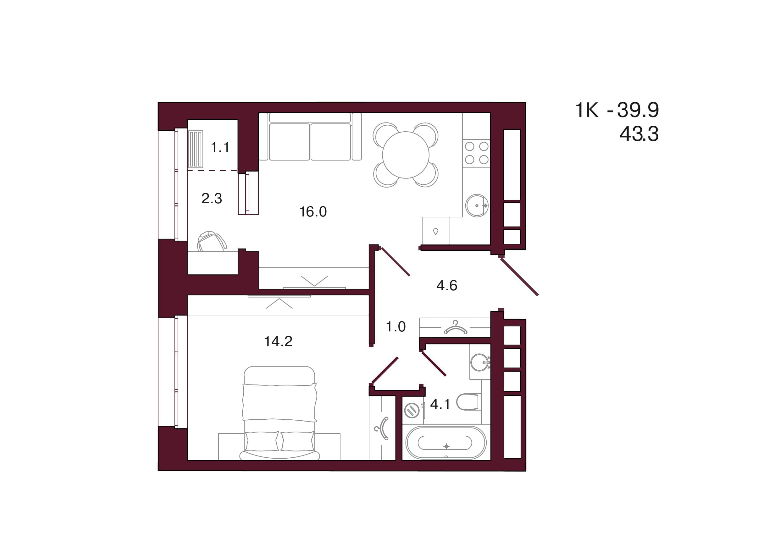 Планировка: 1-комн., 43.3 м²