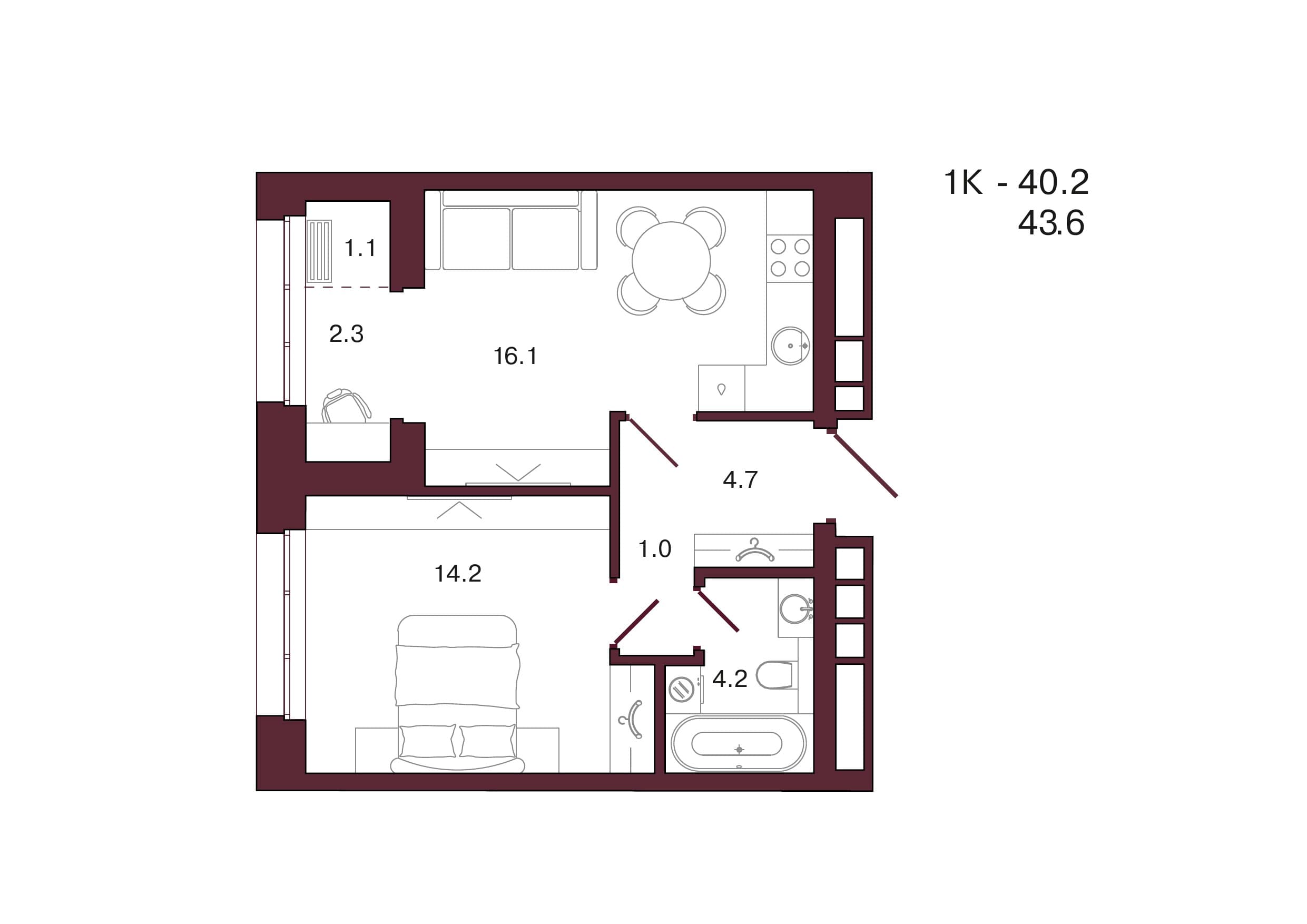 Планировка: 1-комн., 43.6 м²