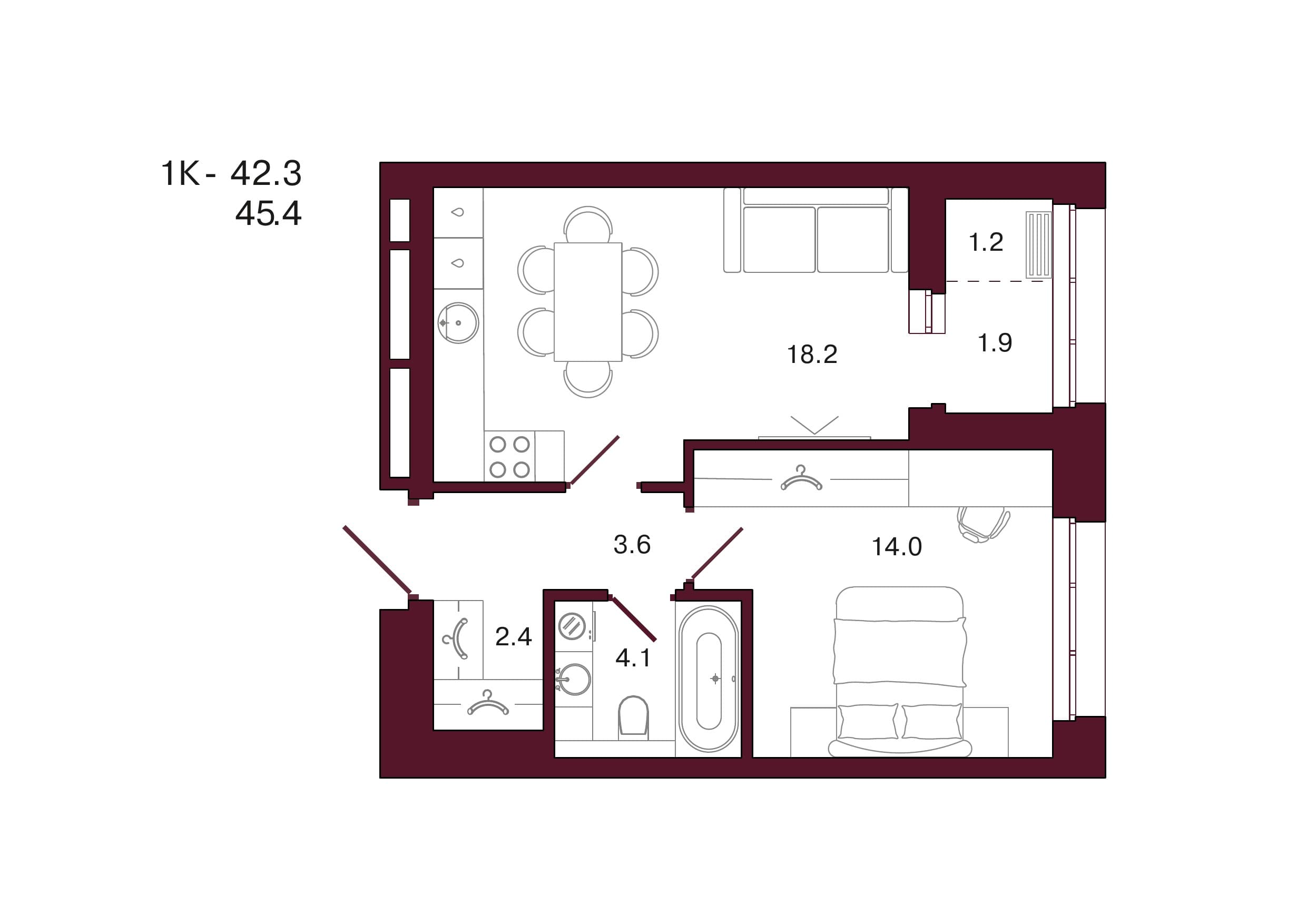Планировка: 1-комн., 45.4 м²