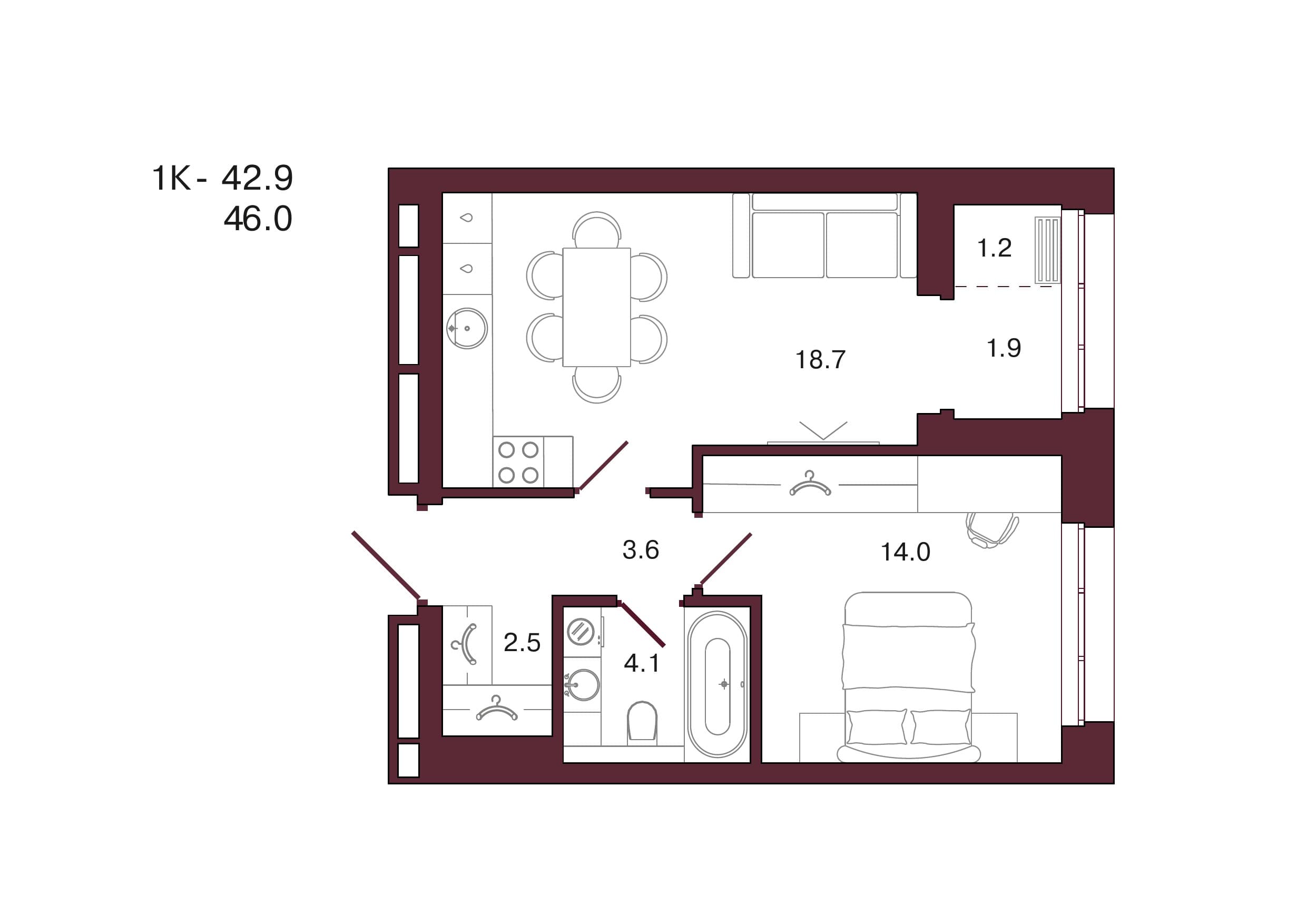 Планировка: 1-комн., 46 м²