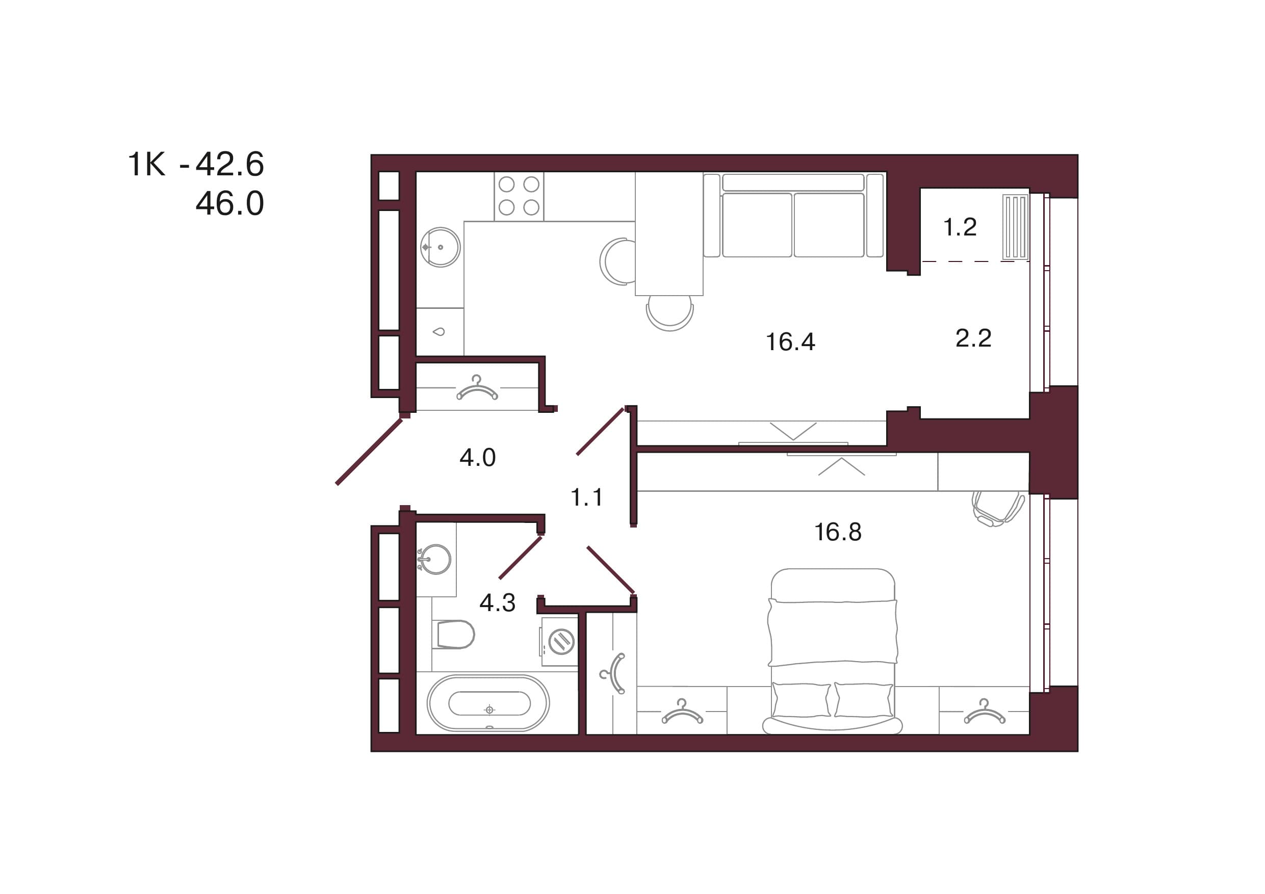 Планировка: 1-комн., 46 м²