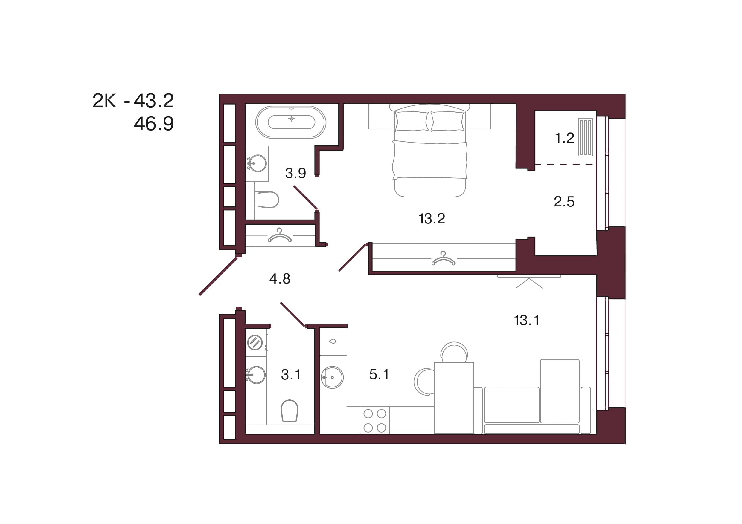 Планировка: 2-комн., 46.9 м²