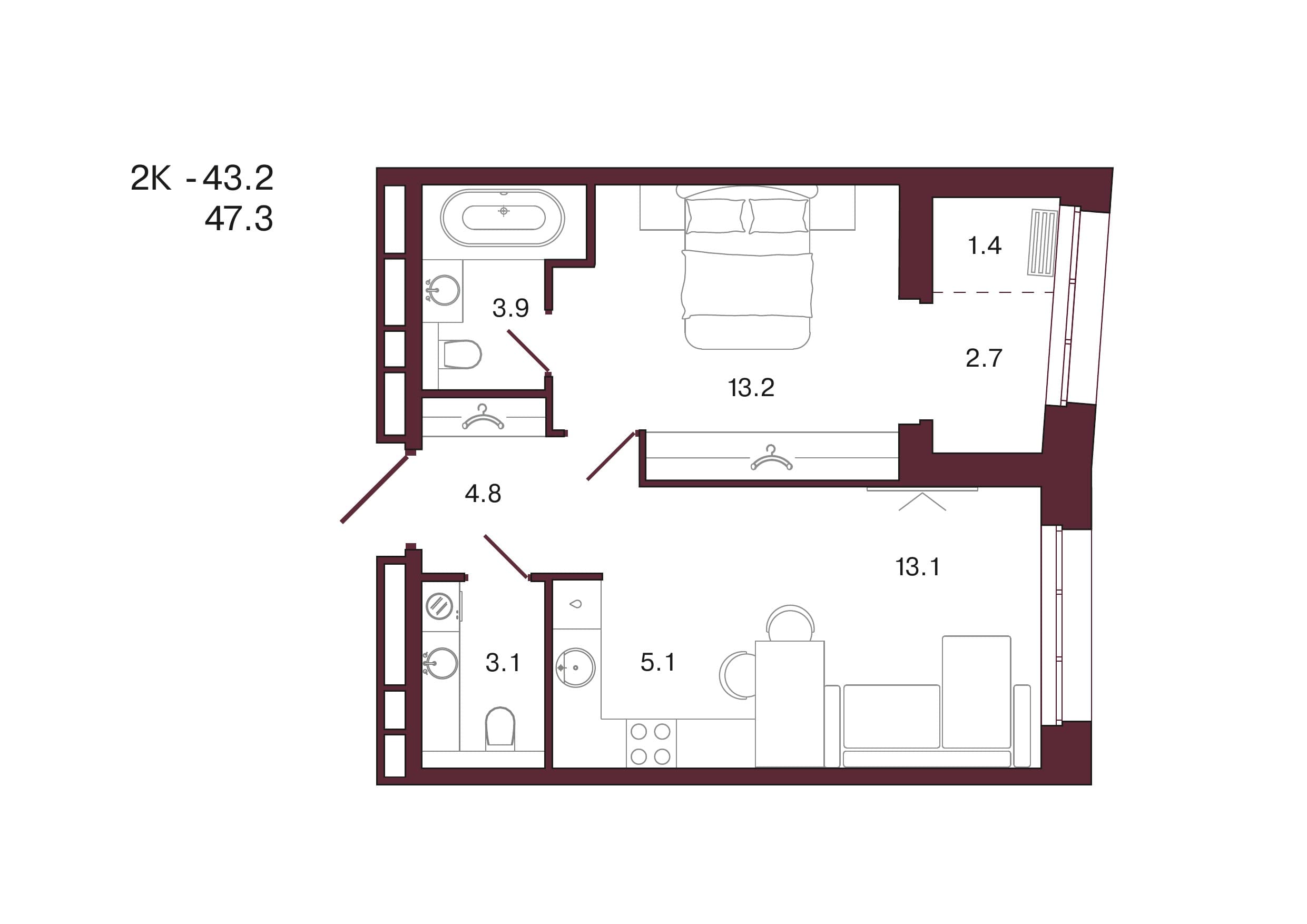Планировка: 2-комн., 47.3 м²