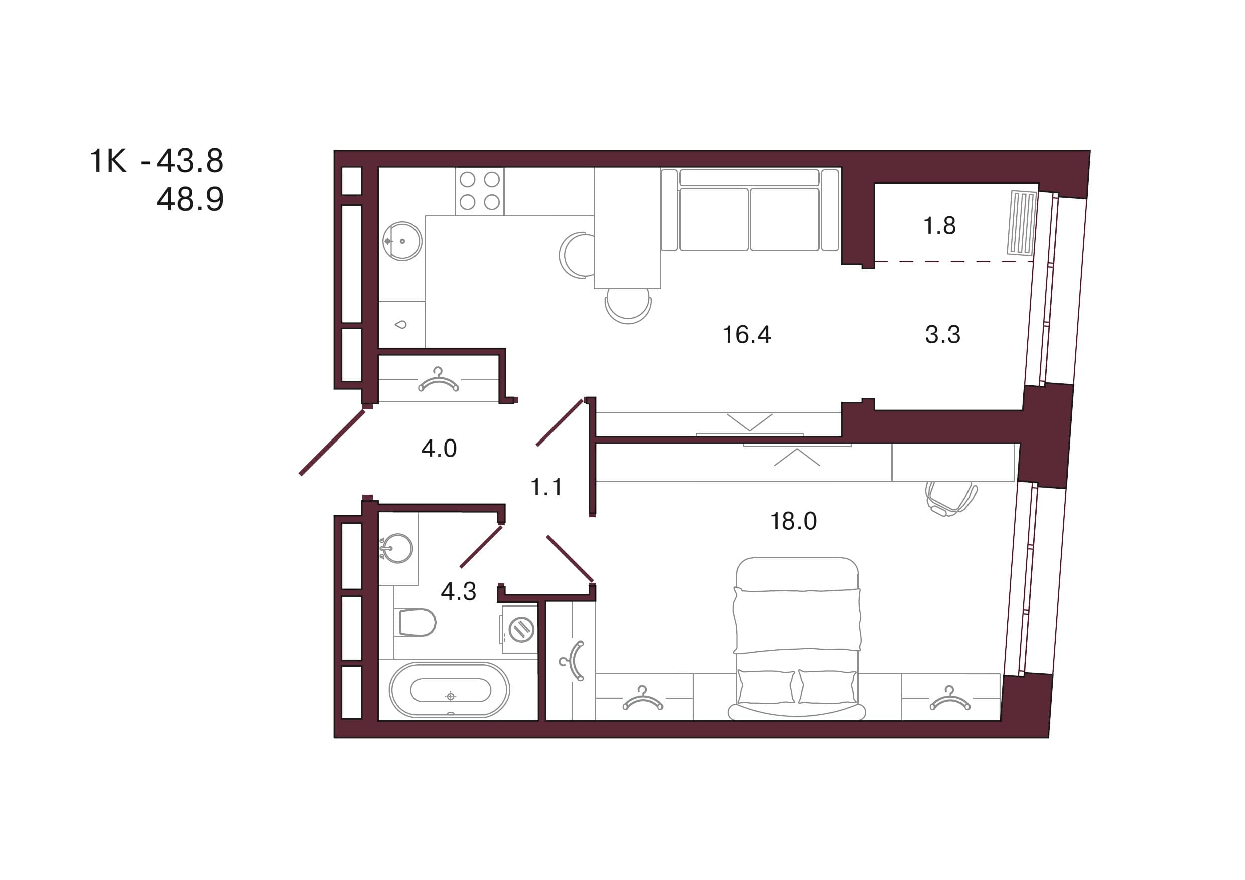 Планировка: 1-комн., 48.9 м²