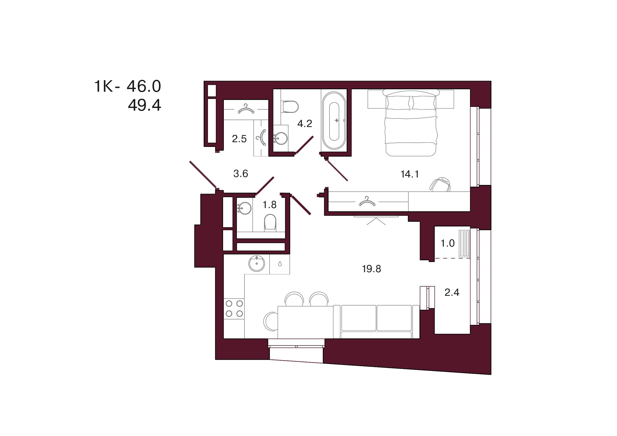 Планировка: 1-комн., 49.4 м²
