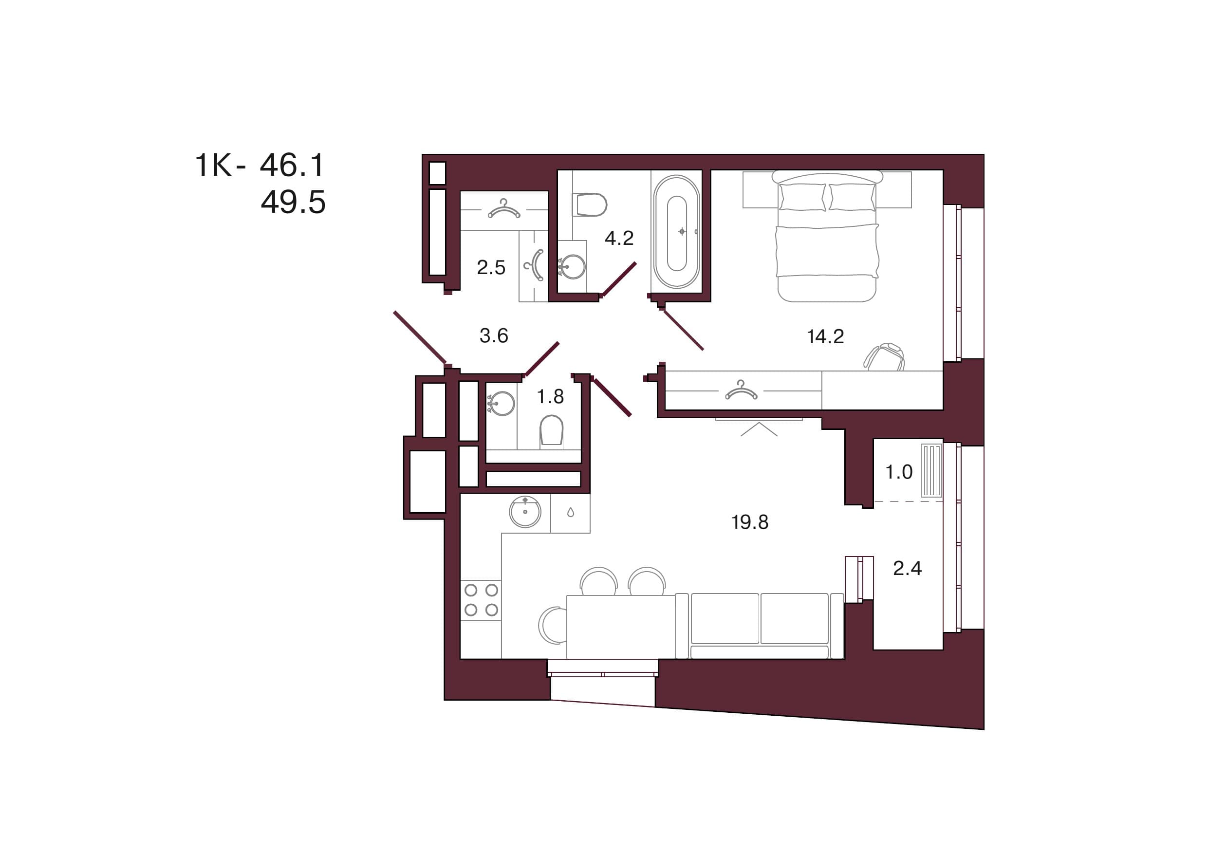 Планировка: 1-комн., 49.5 м²
