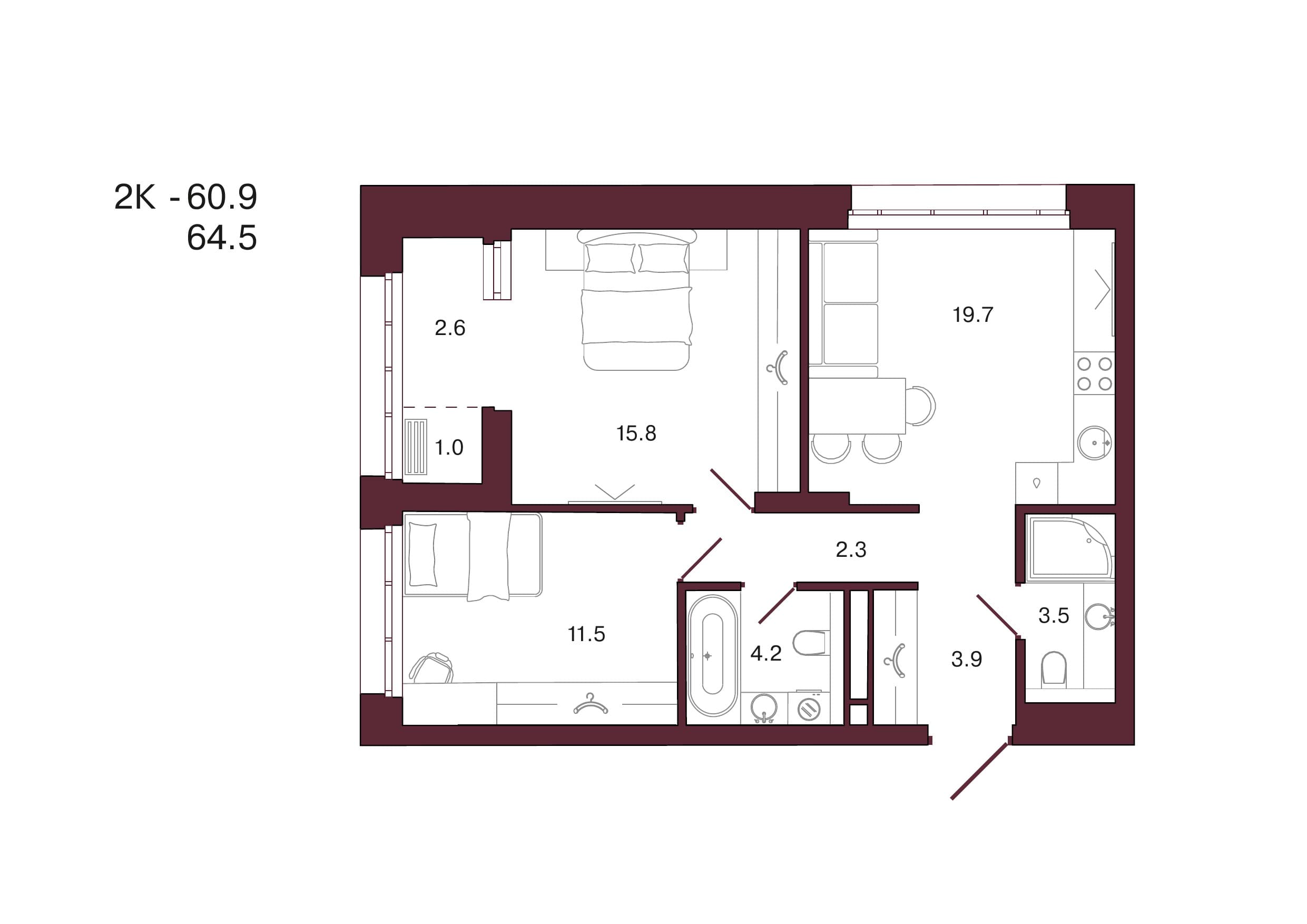 Планировка: 2-комн., 64.5 м²