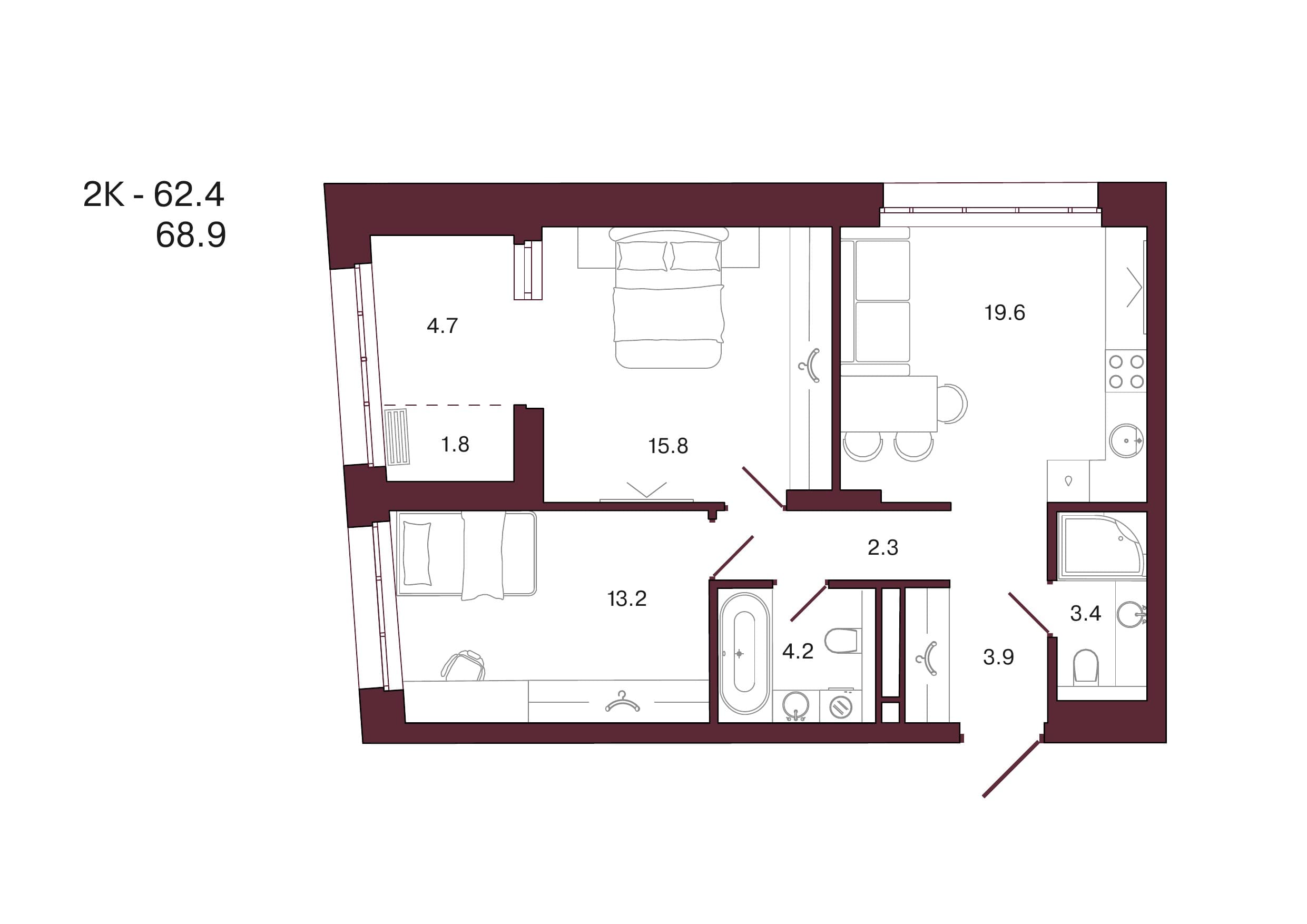 Планировка: 2-комн., 68.9 м²