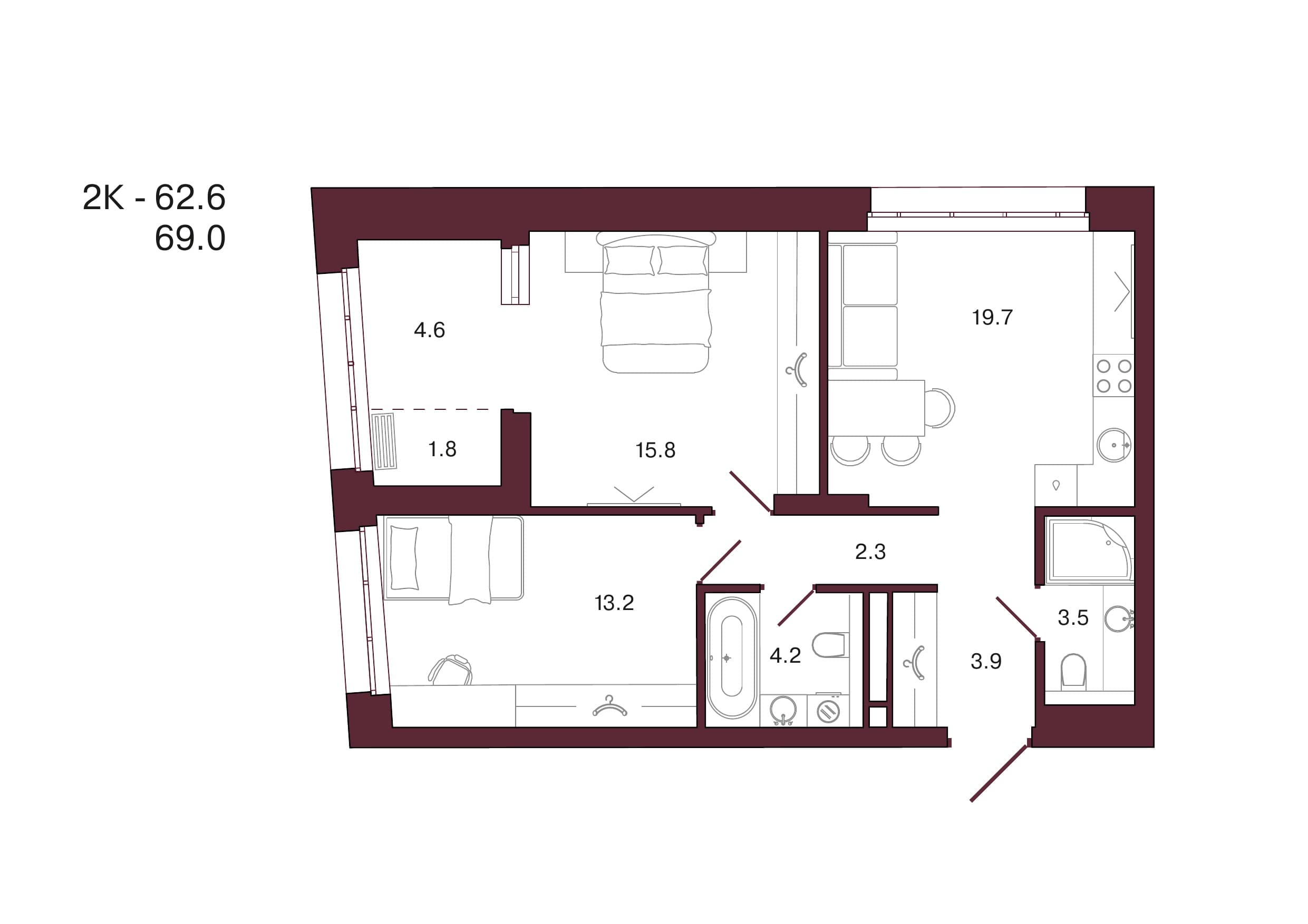 Планировка: 2-комн., 69 м²