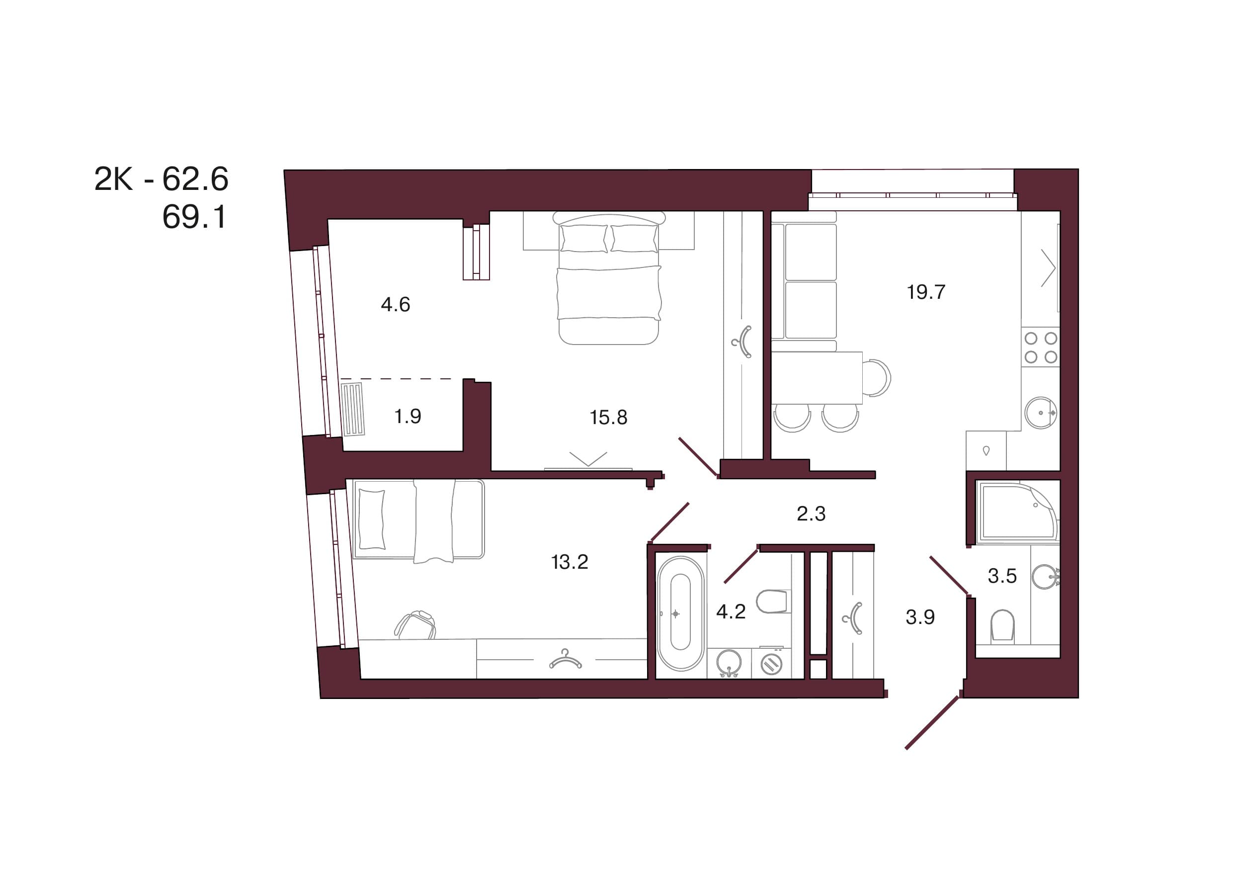 Планировка: 2-комн., 69.1 м²