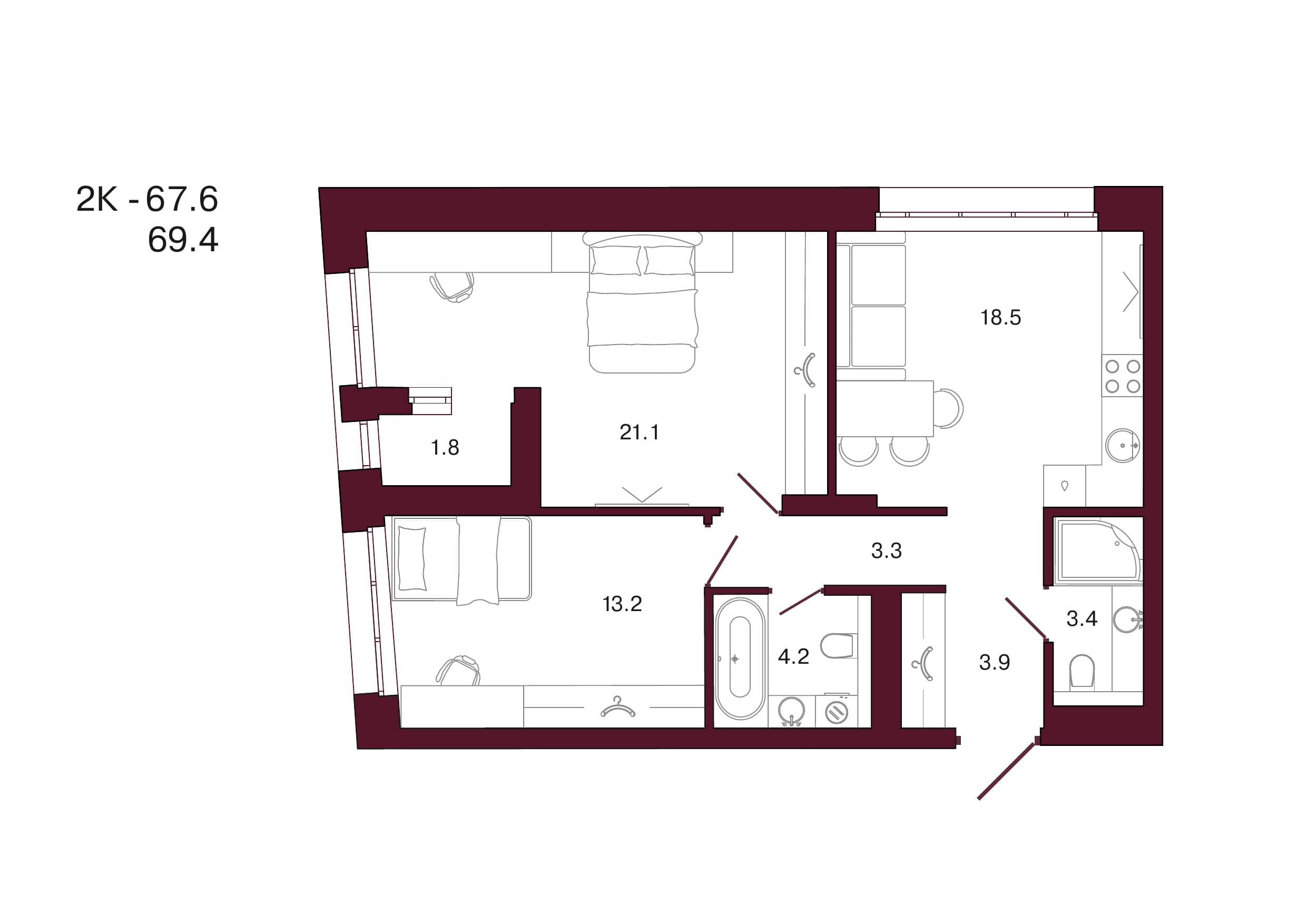 Планировка: 2-комн., 69.4 м²