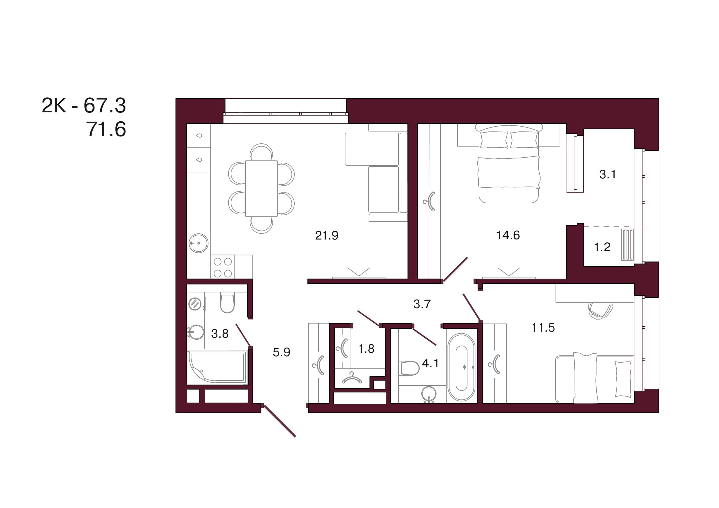 Планировка: 2-комн., 71.6 м²