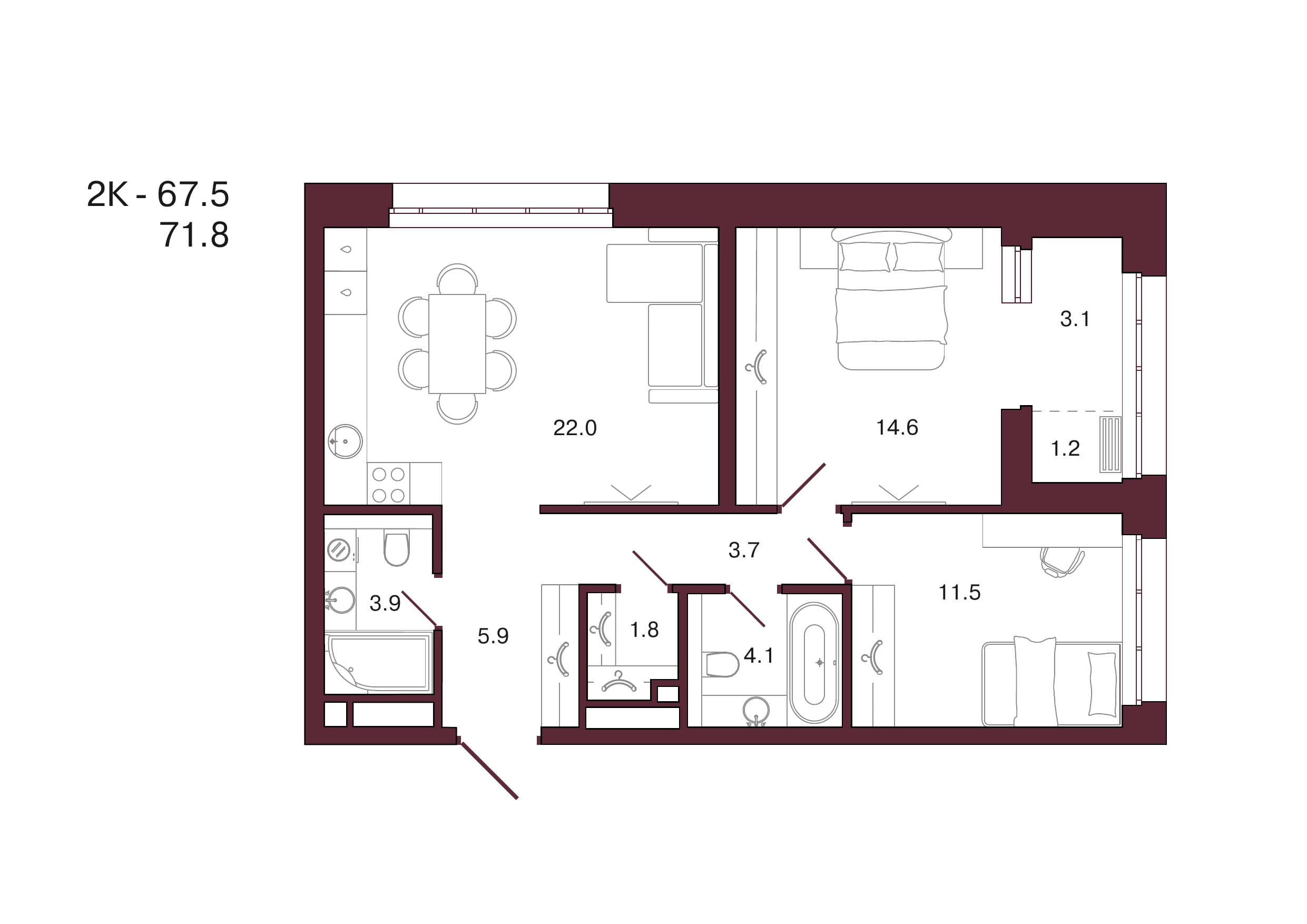 Планировка: 2-комн., 71.8 м²