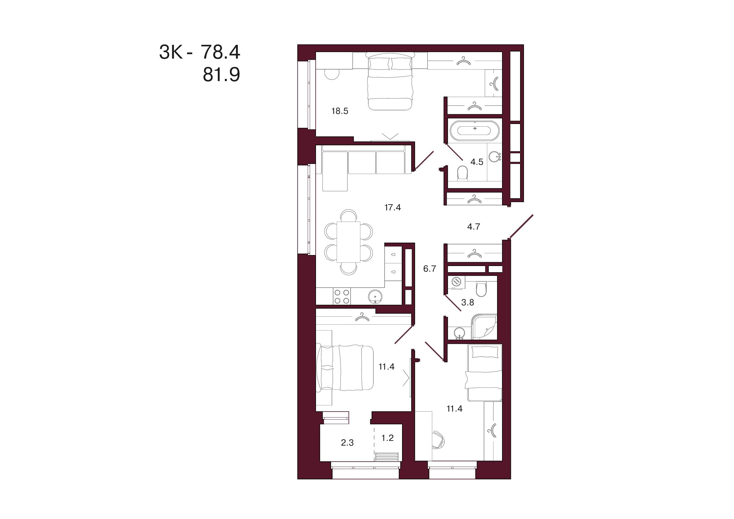 Планировка: 3-комн., 81.9 м²