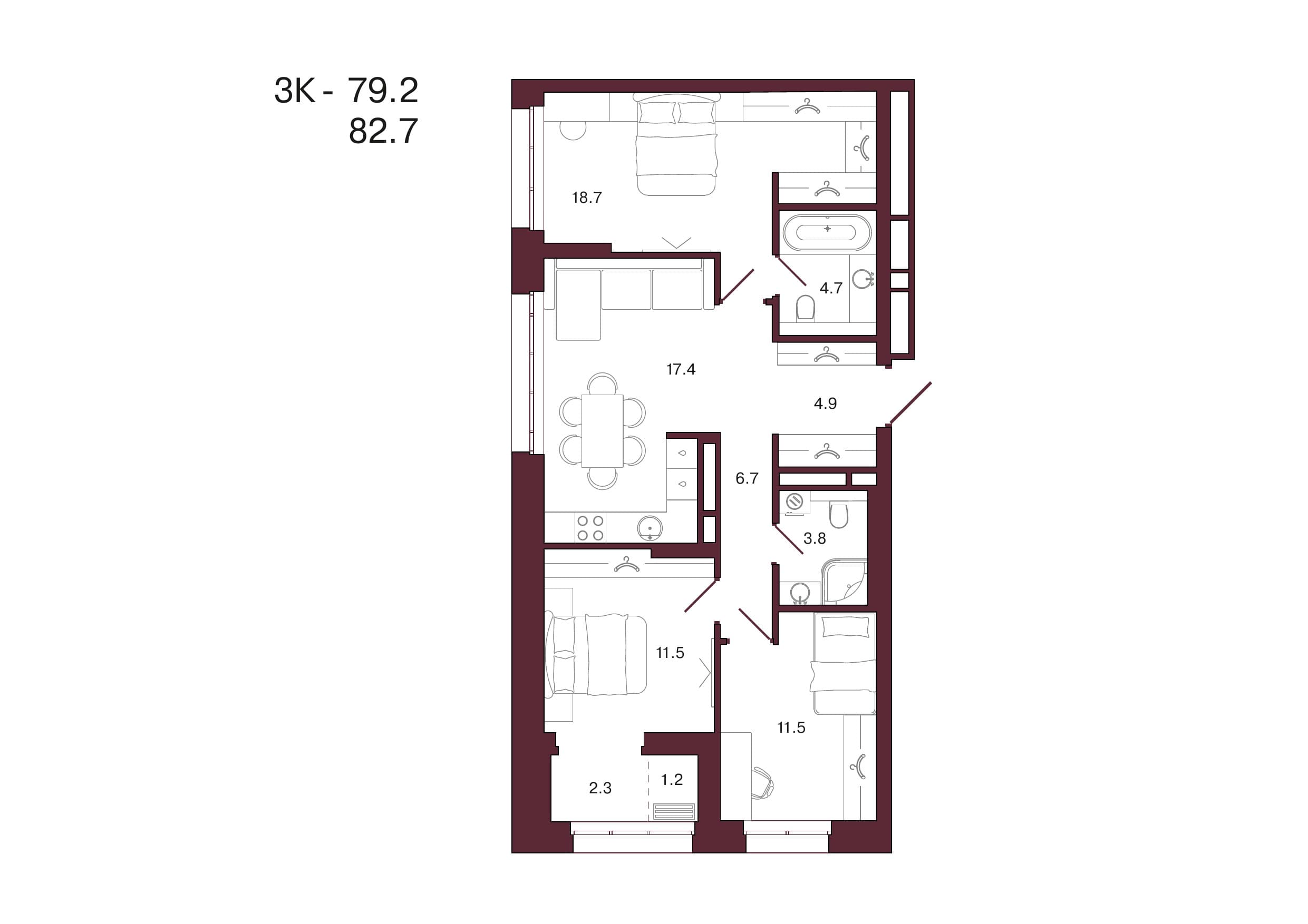Планировка: 3-комн., 82.7 м²