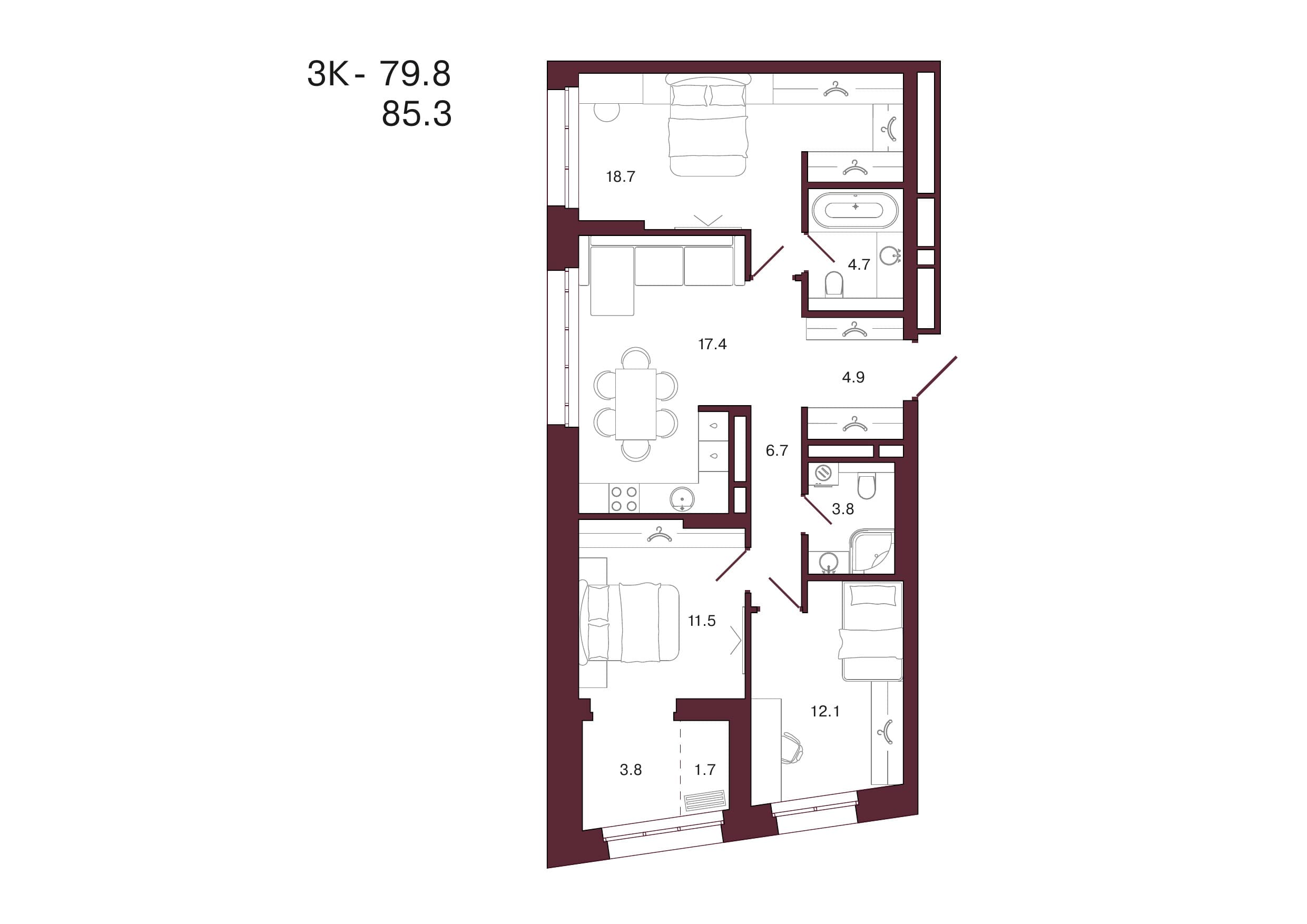 Планировка: 3-комн., 85.3 м²