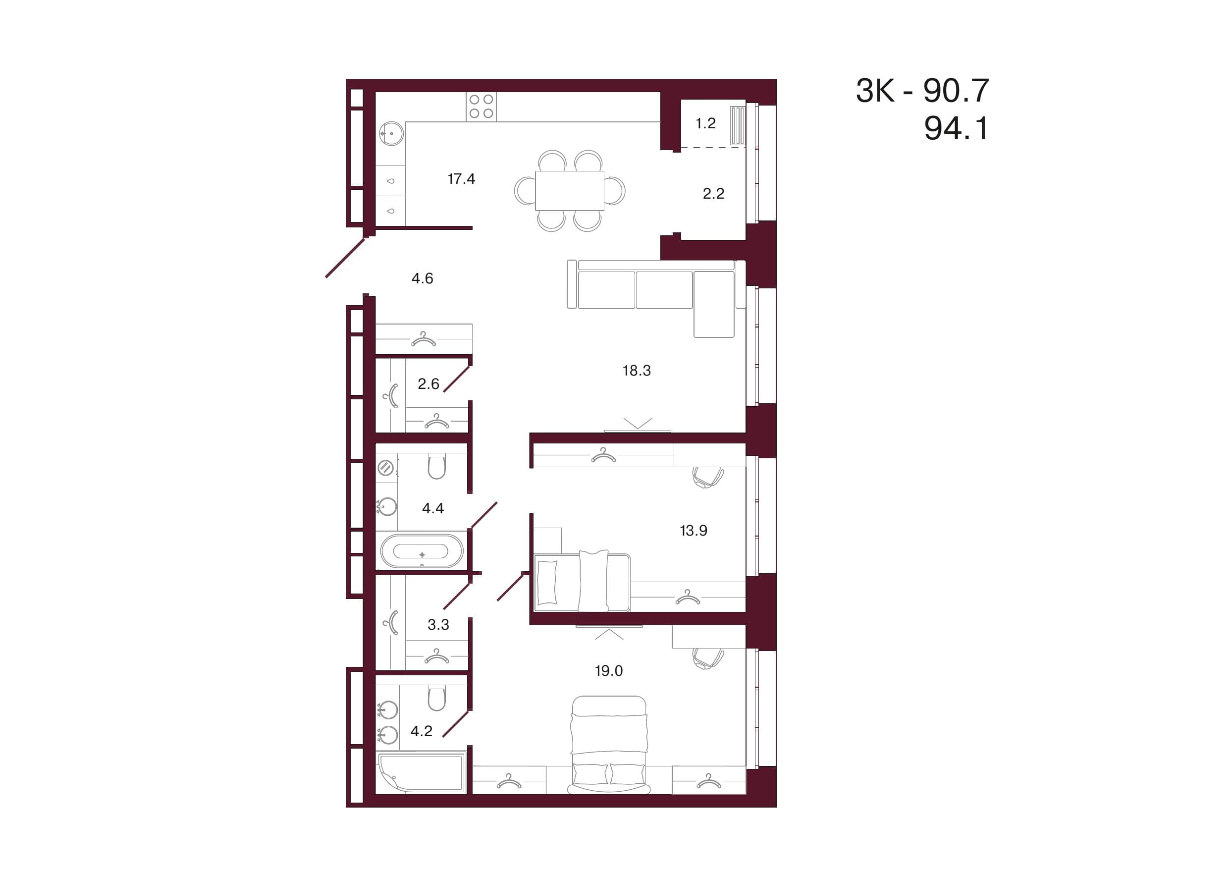 Планировка: 2-комн., 94.1 м²