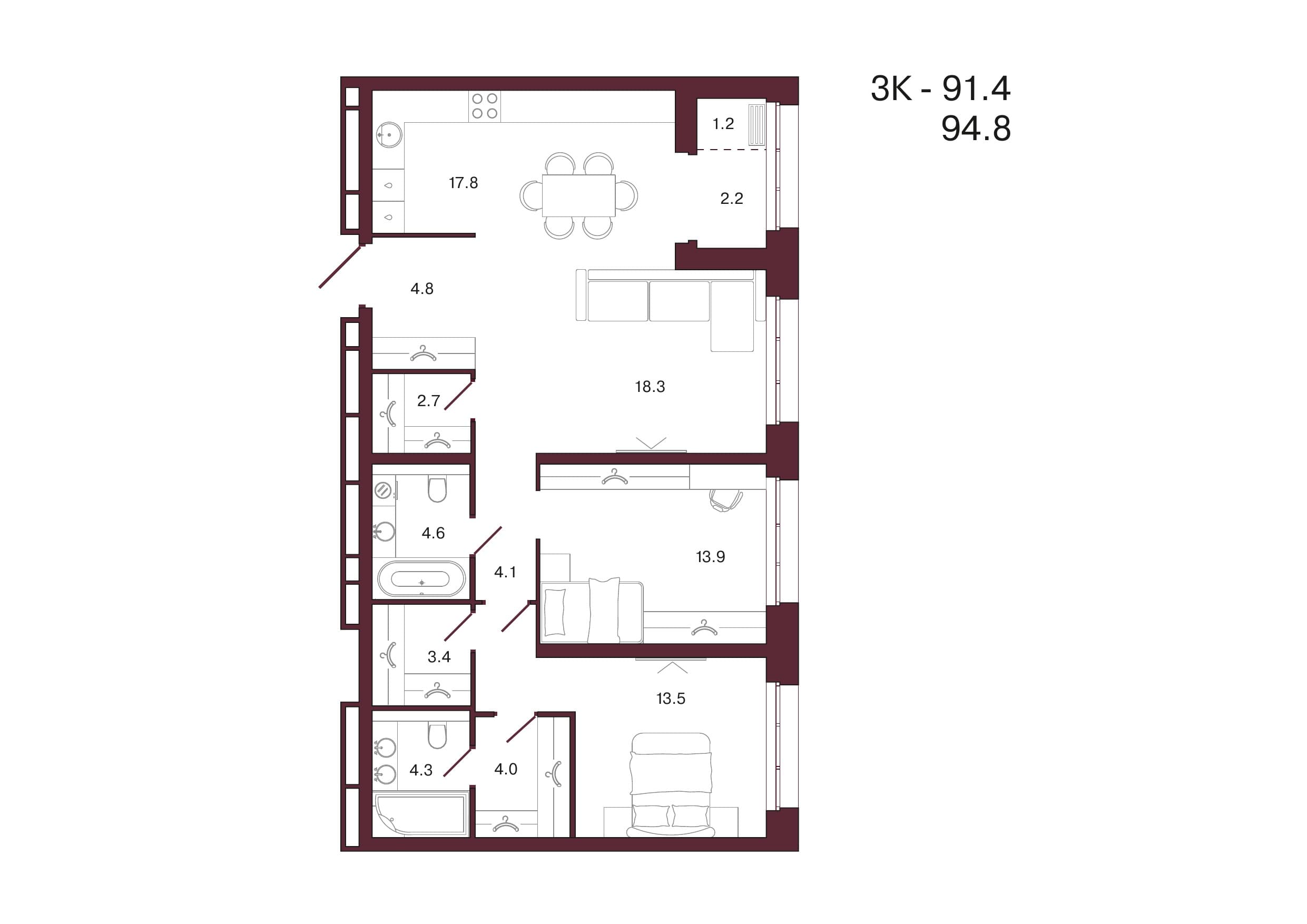 Планировка: 2-комн., 94.8 м²
