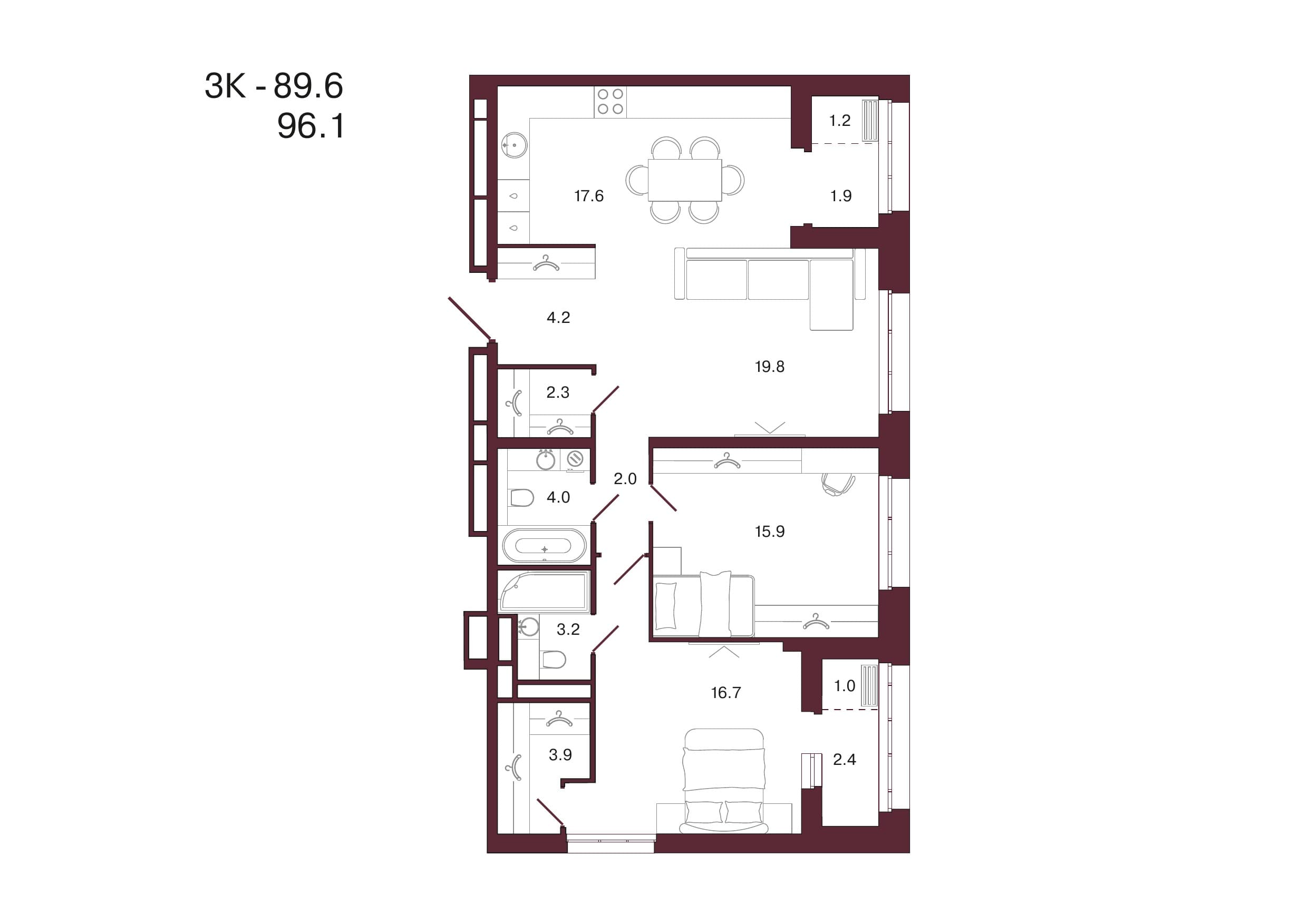 Планировка: 3-комн., 96.1 м²