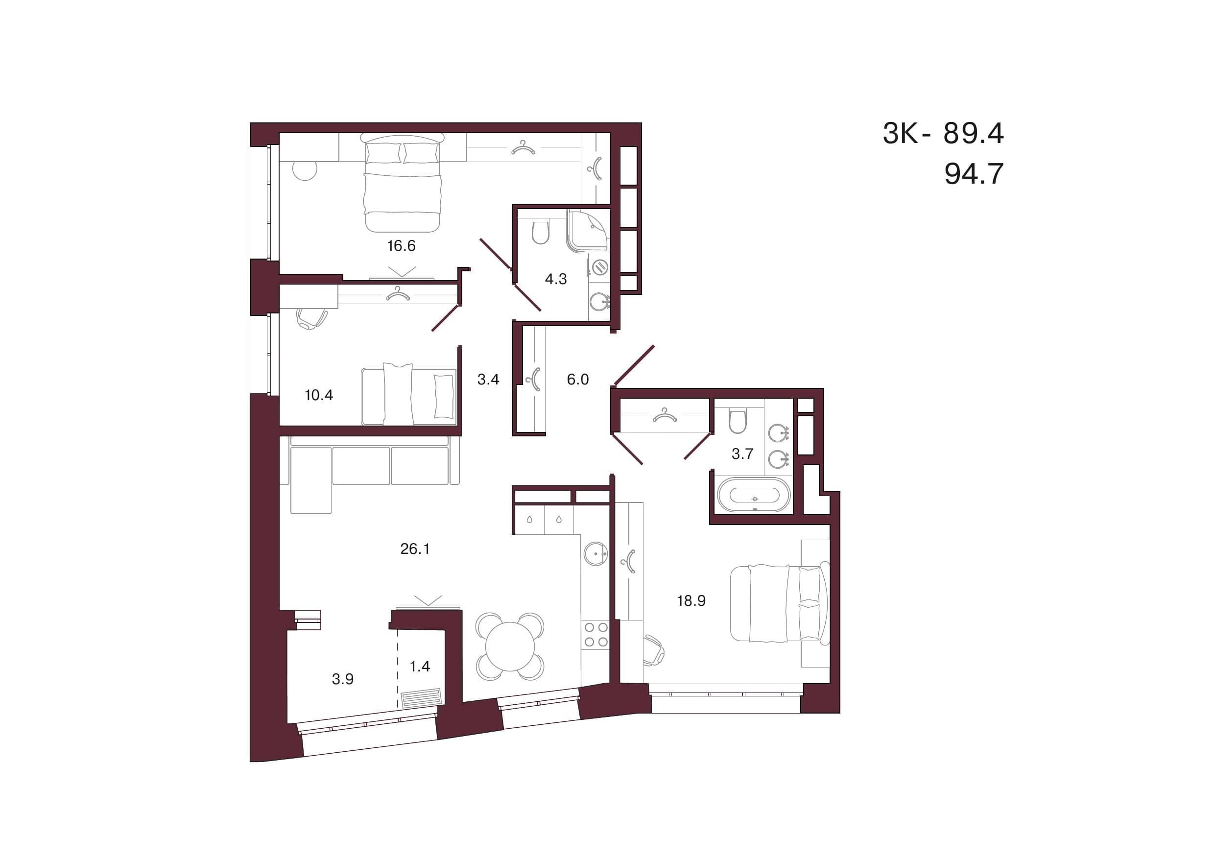Планировка: 3-комн., 94.7 м²