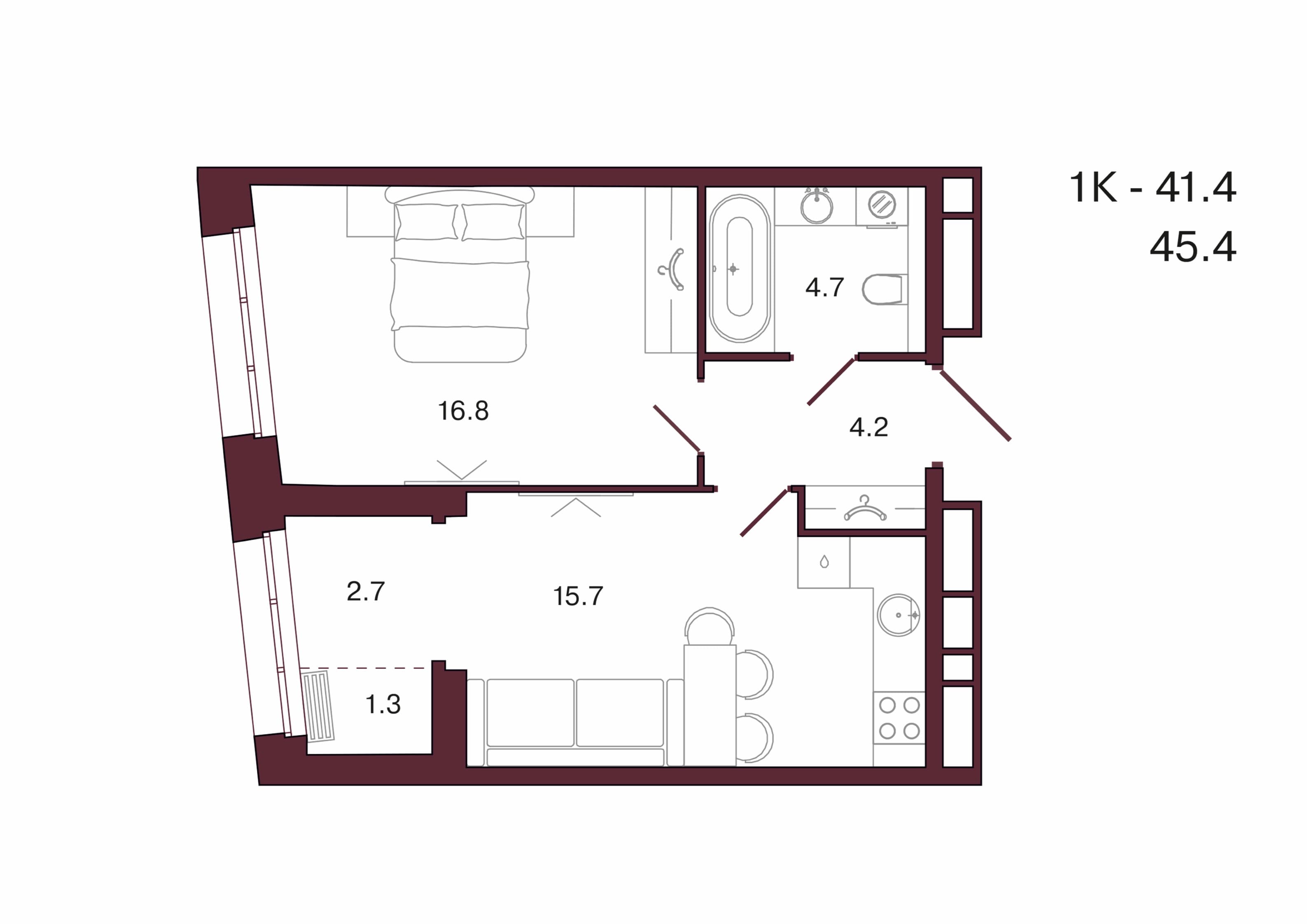 Планировка: 1-комн., 45.4 м²