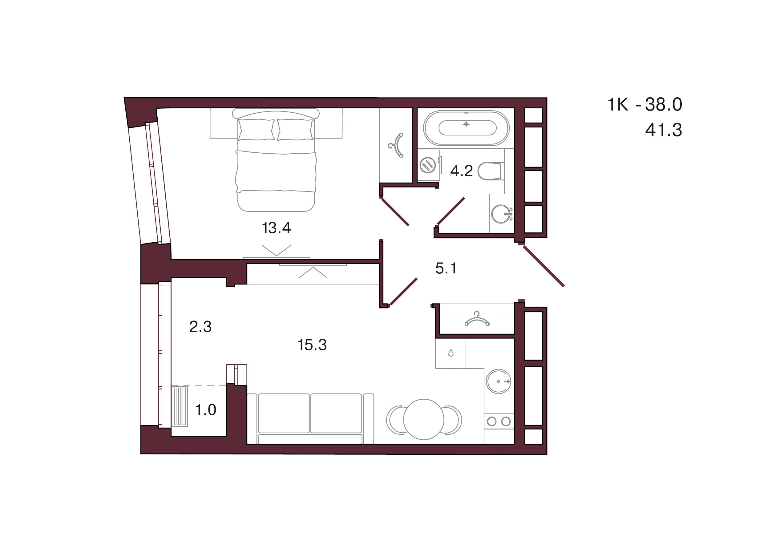 Планировка 1-комнатной квартиры 41,3 м², 10 этаж, башня 1