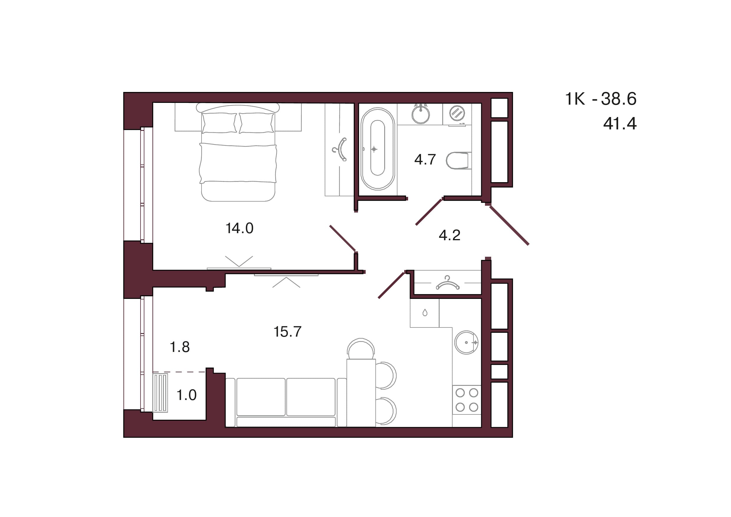 Планировка 1-комнатной квартиры 41,4 м², 4 этаж, башня 1