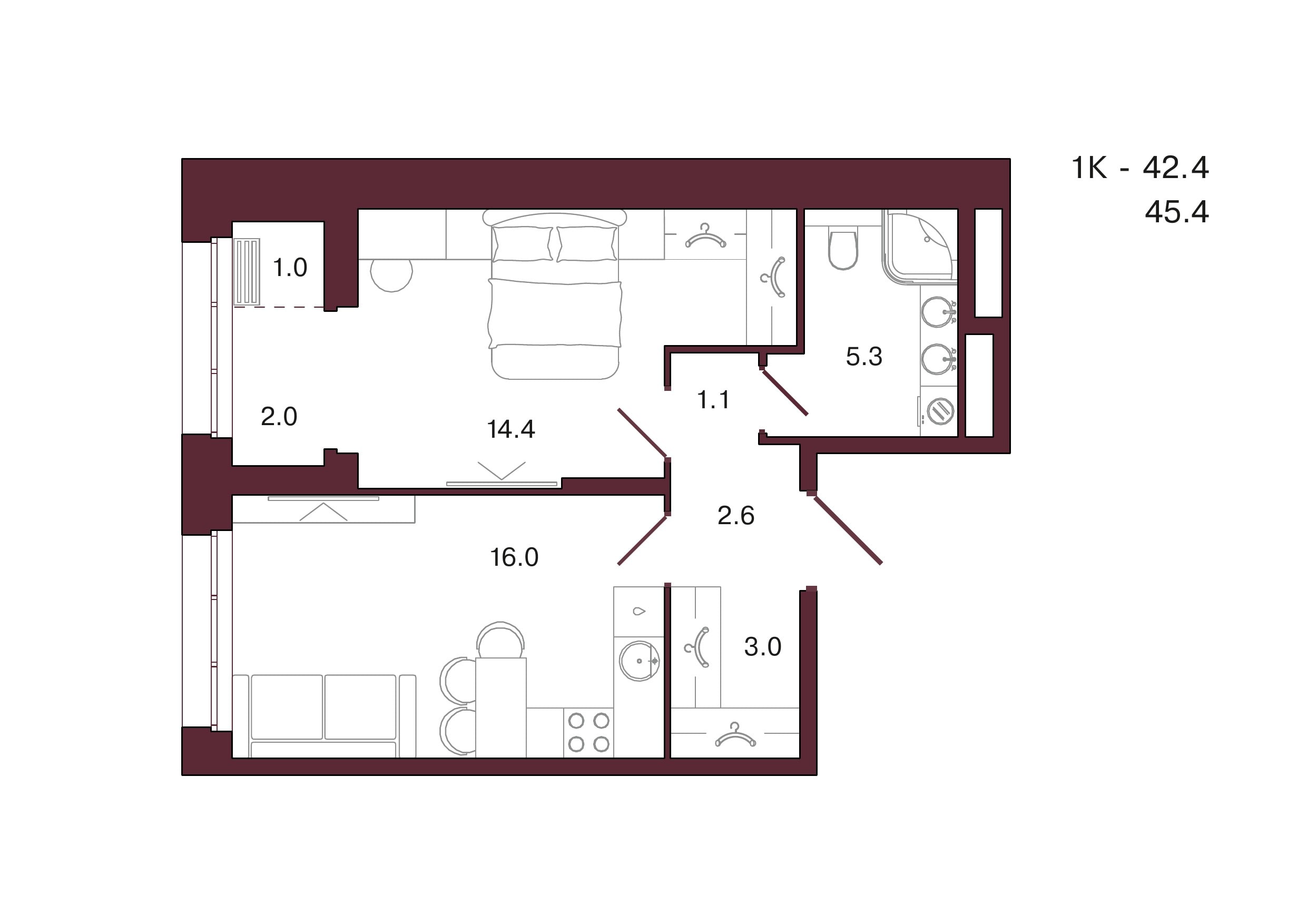 Планировка 2-комнатной квартиры 45,4 м², 10 этаж, башня 1