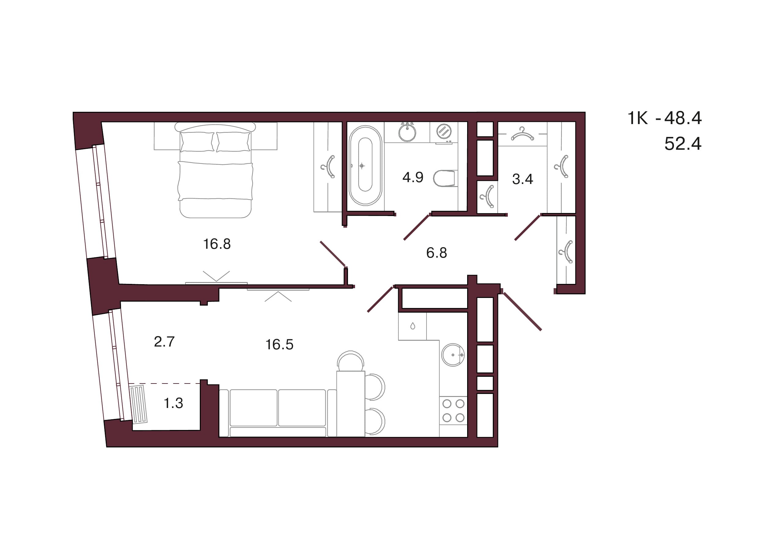 Планировка 1-комнатной квартиры 52,4 м², 12 этаж, башня 1