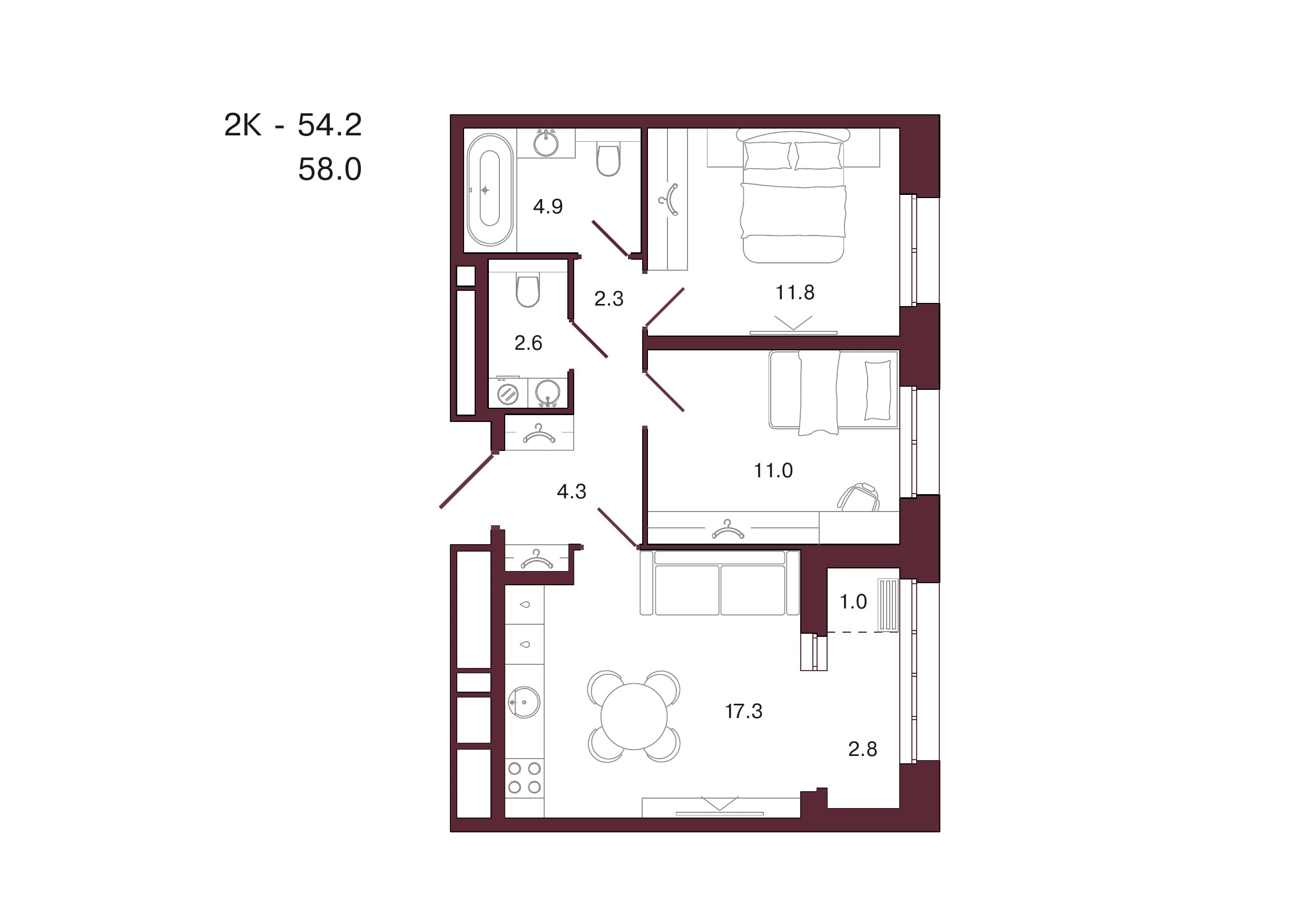 Планировка 2-комнатной квартиры 58 м², 10 этаж, башня 1
